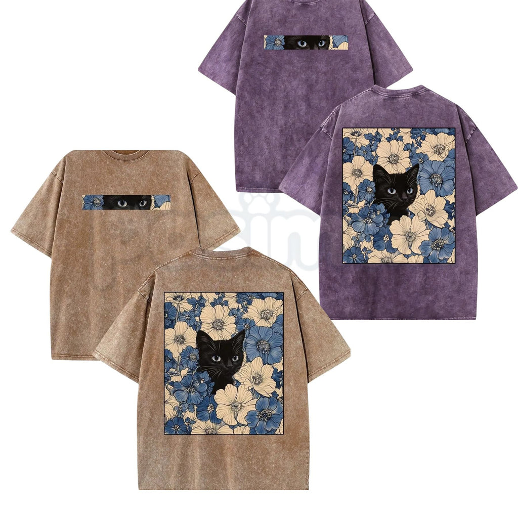 Cat in the Flowers Double-Sided T-Shirt – Retro Washed Botanical Kitten Graphic Tee, Vintage Aesthetic Lightweight Cotton Cat Mom Top
