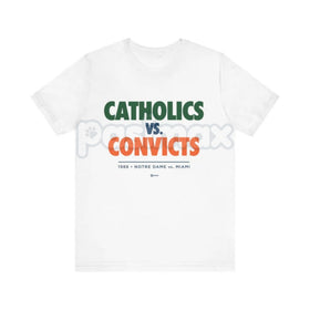 "Catholics vs Convicts" T-Shirt - Notre Dame vs Miami 1988 Rivalry Tee, Vintage College Football History Apparel, Unisex Retro Sports Gift
