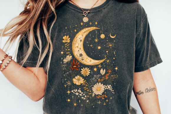 Spun Bamboo Celestial Moon Boho Flowers Vintage Unisex Bamboo/Cotton Graphic T-Shirt — detail close-up