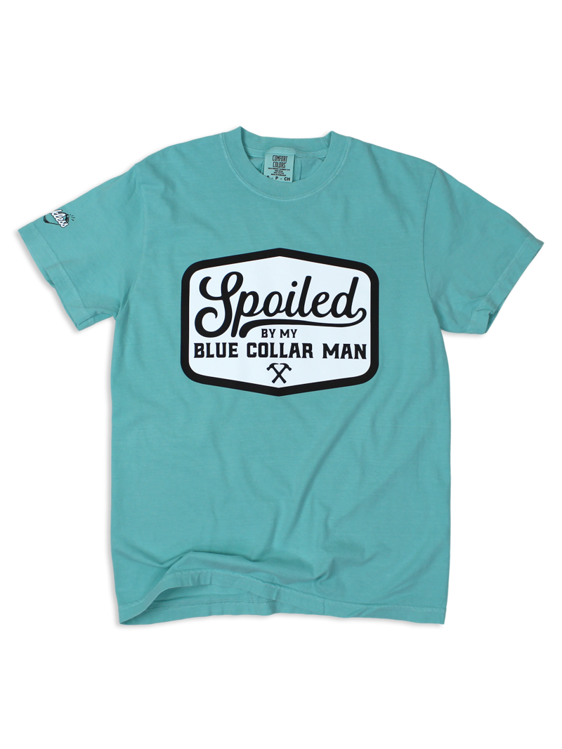 Luckless Outfitters Spoiled By My Blue Collar Man Tee — detail close-up