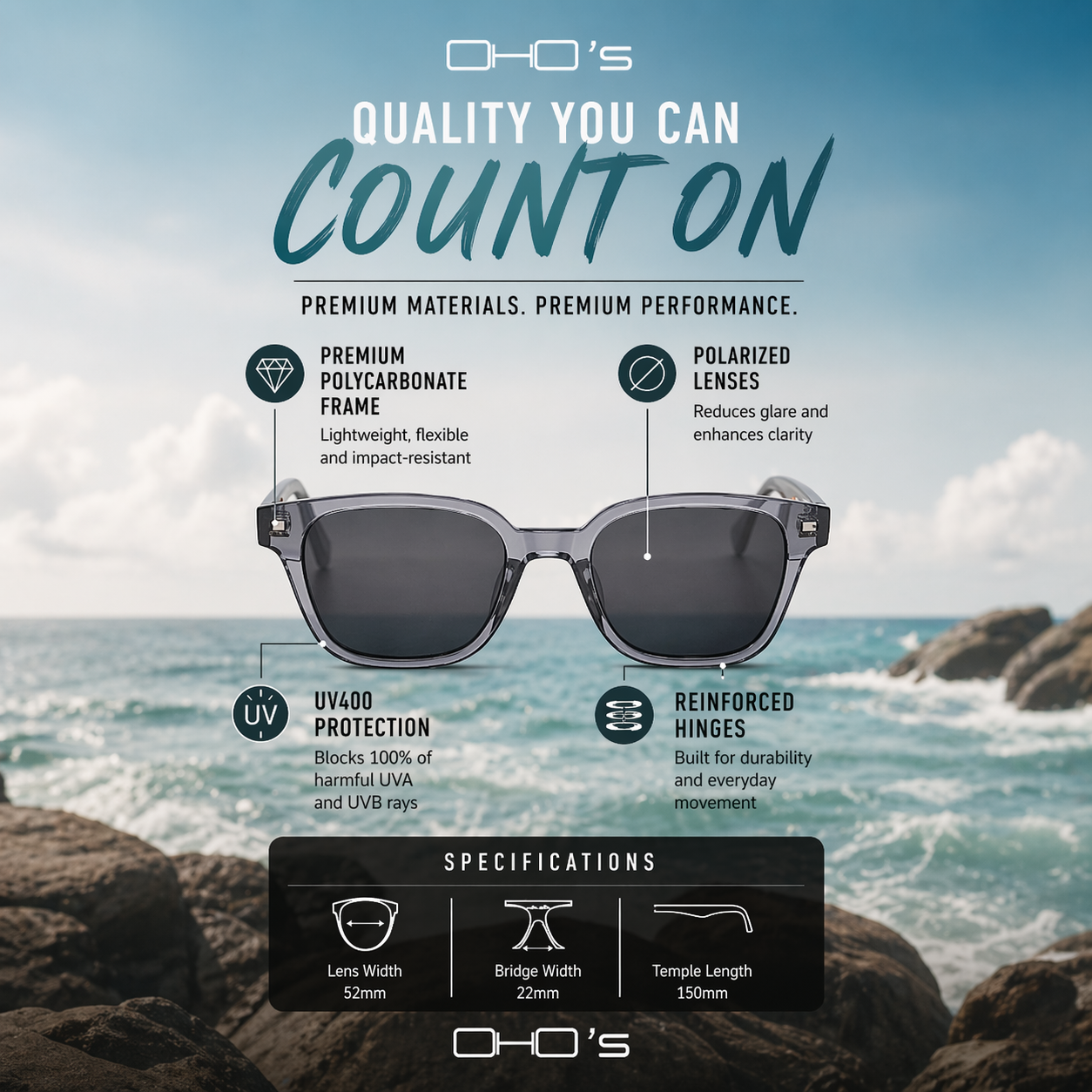 OHO's OHO's MORGAN Sunglasses (Color Variant 4) — Classic Wayfarer Silhouette — OHO's branding close-up