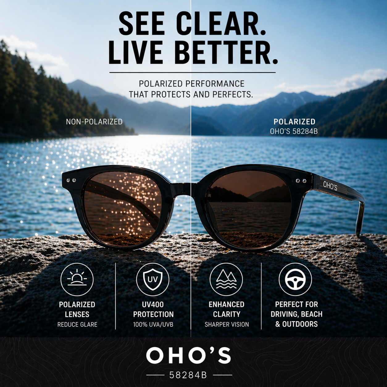 OHO's OHO's COVE Sunglasses (Color Variant 2) — Hideaway Cove Silhouette — OHO's branding close-up