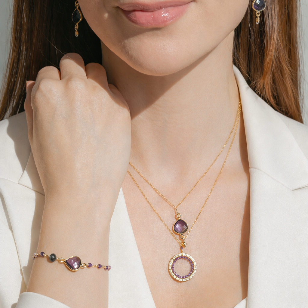 PARKEN JEWELRY London Blue Quartz, Rainbow Gemstone and Amethyst Halo Mini Gold Pendants — Blue detail