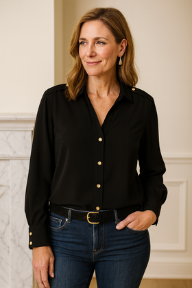 Timeless Black Shirt with Gold Accents by Molly Bracken