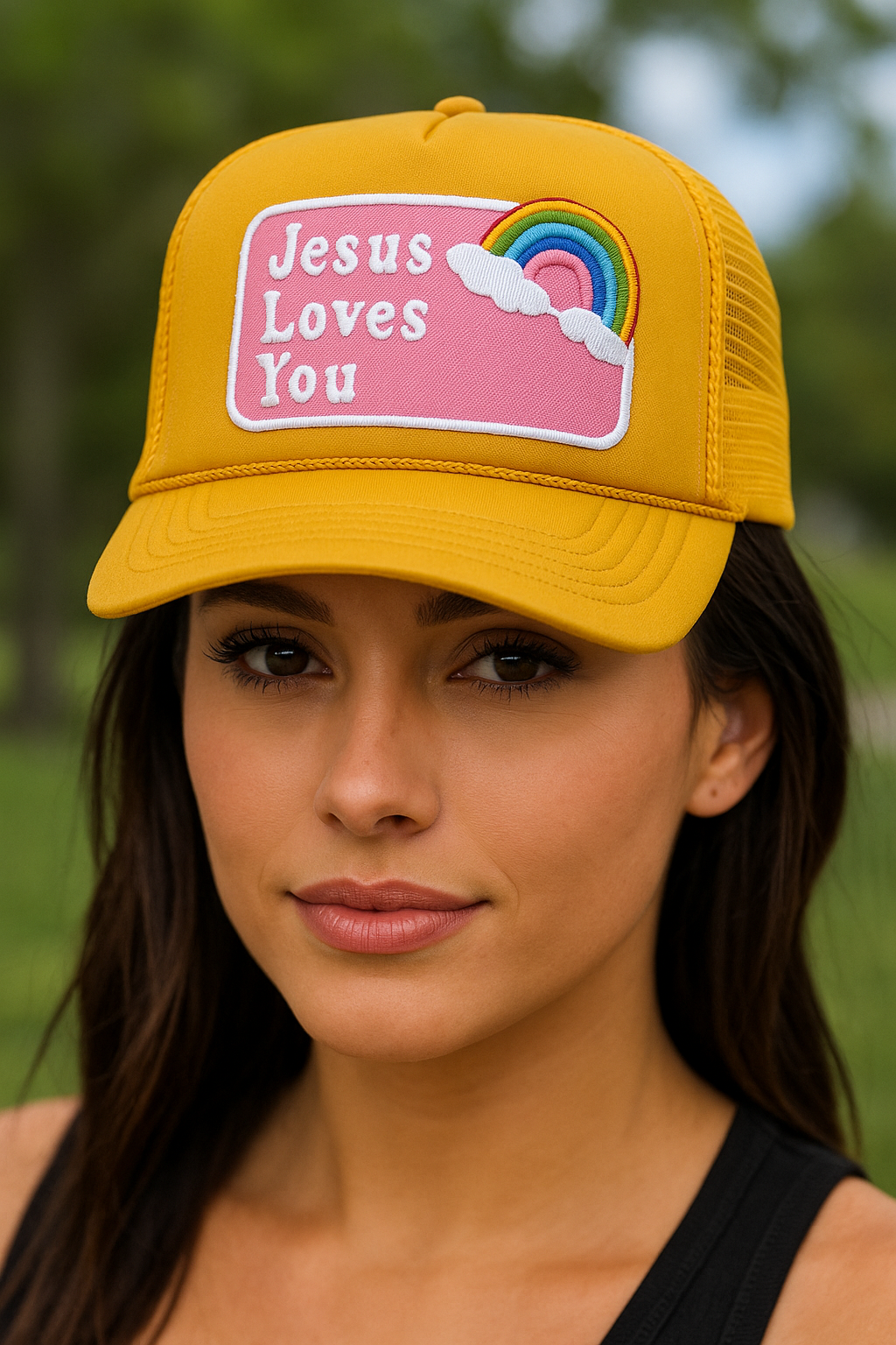 Pretty Little Patriot Pretty Little Patriot Jesus Loves You vintage trucker hat — construction detail