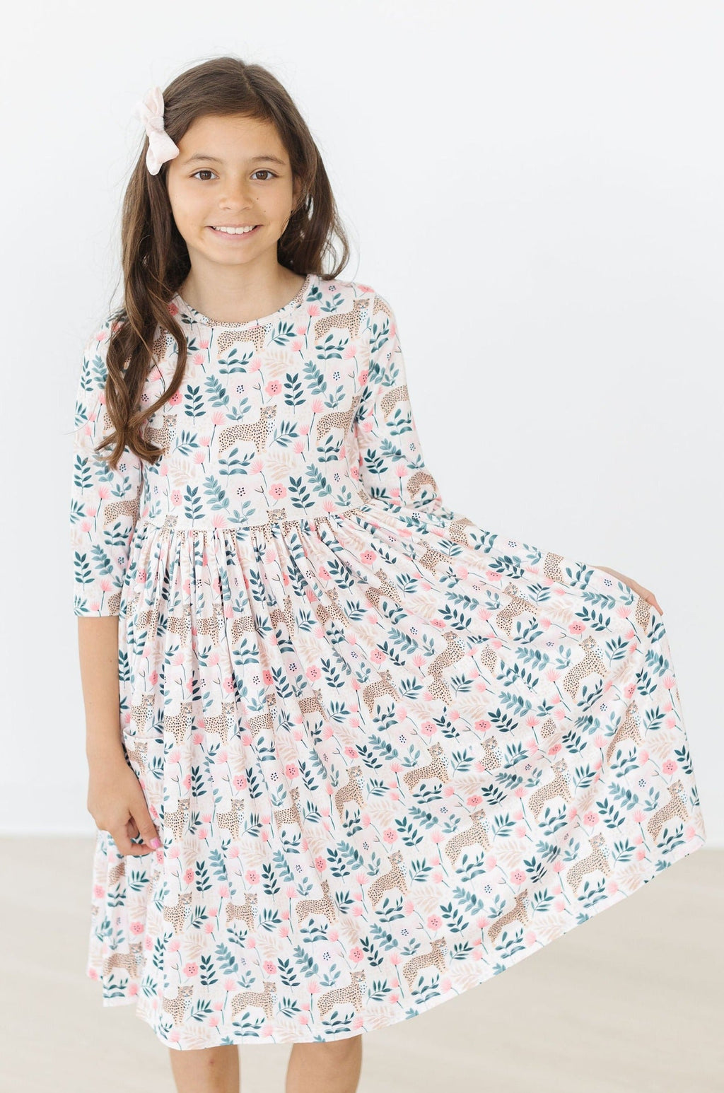 Mila & Rose ® Cheetah Girl 3/4 Sleeve Pocket Twirl Dress — detail close-up