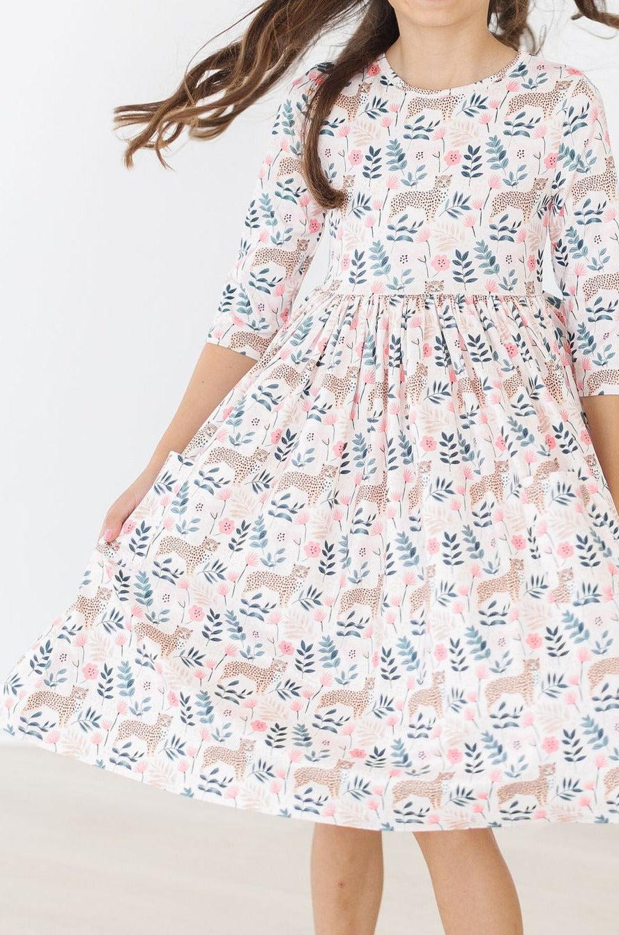 Mila & Rose ® Cheetah Girl 3/4 Sleeve Pocket Twirl Dress — back view