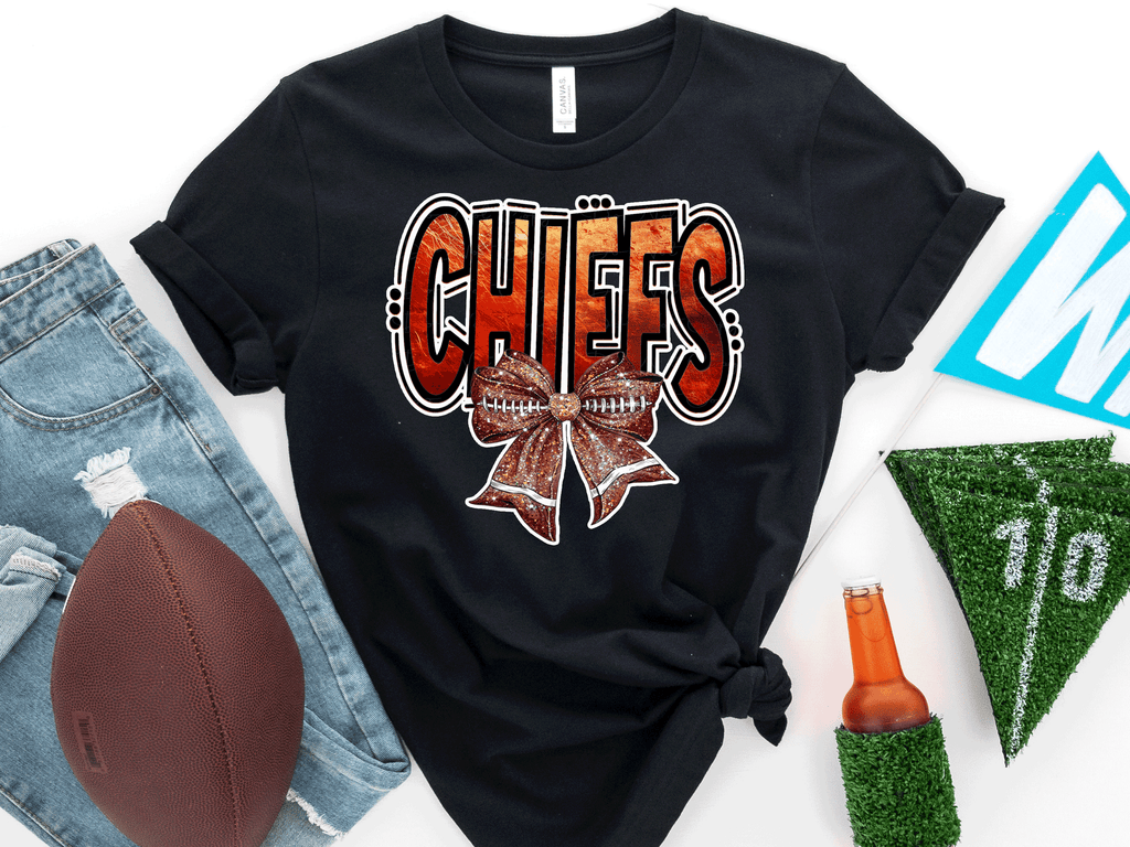 A Blessed Texas Mess Boutique Kansas City Football Metallic shirt, faux glitter football Coquette bow Shirt,… — construction detail