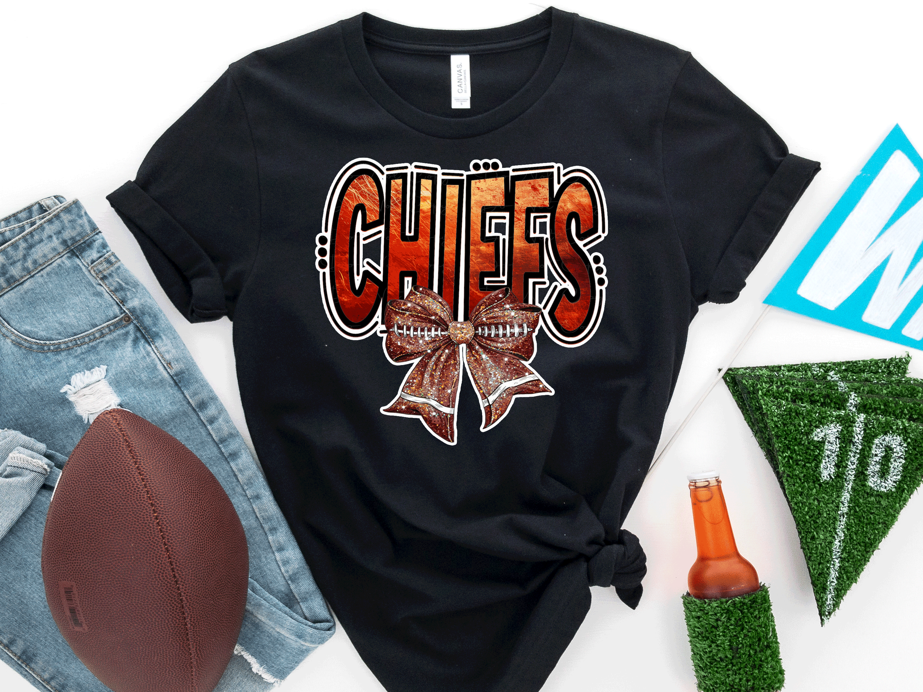 A Blessed Texas Mess Boutique Kansas City Football Metallic shirt, faux glitter football Coquette bow Shirt,… — construction detail