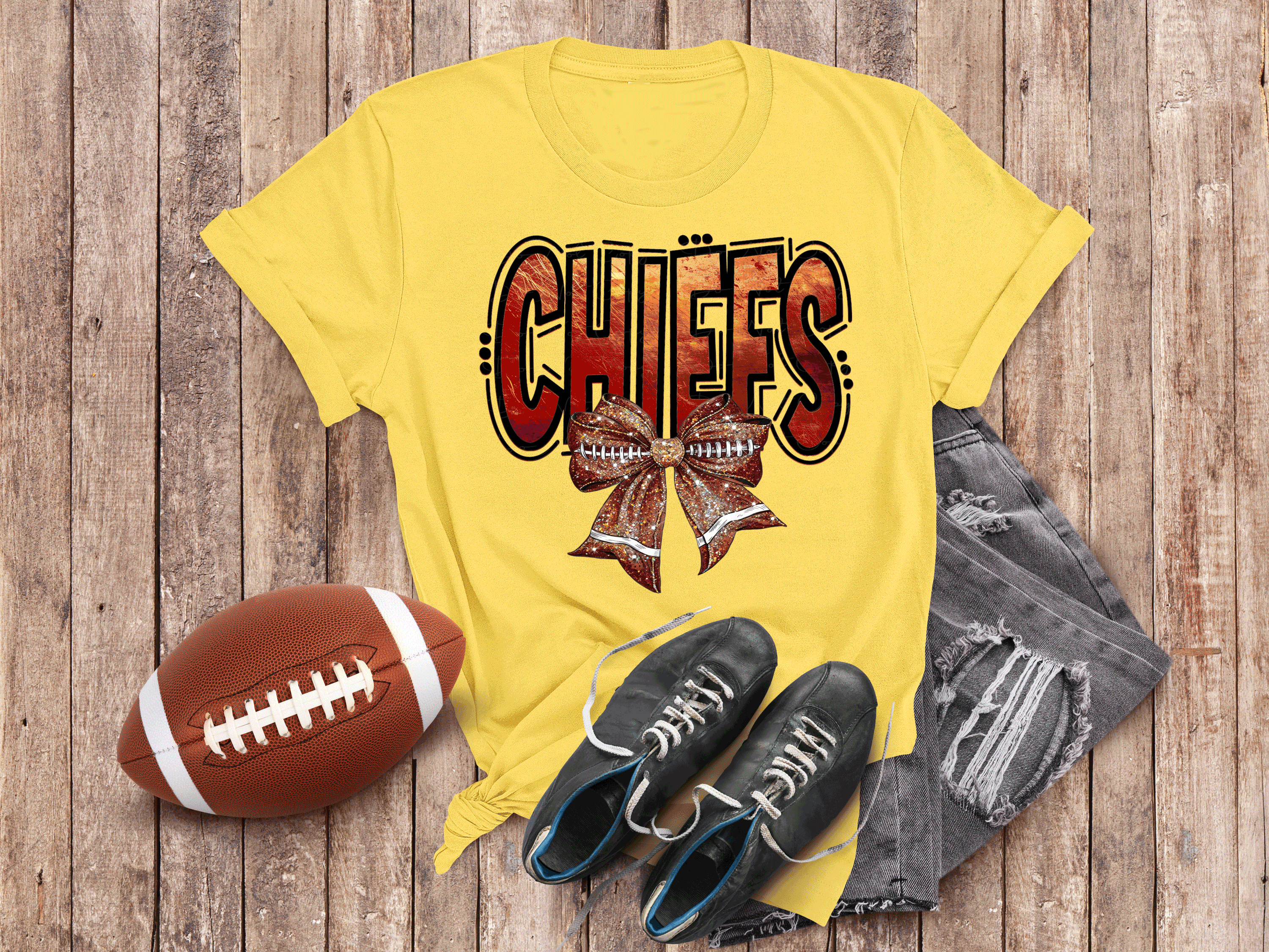 A Blessed Texas Mess Boutique Kansas City Football Metallic shirt, faux glitter football Coquette bow Shirt,… — A Blessed Texas Mess Boutique branding close-up