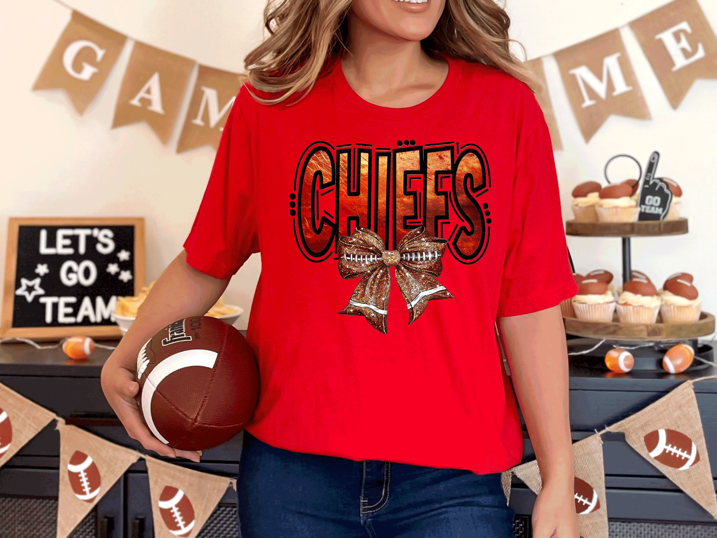 A Blessed Texas Mess Boutique Kansas City Football Metallic shirt, faux glitter football Coquette bow Shirt,… — lifestyle worn / used context
