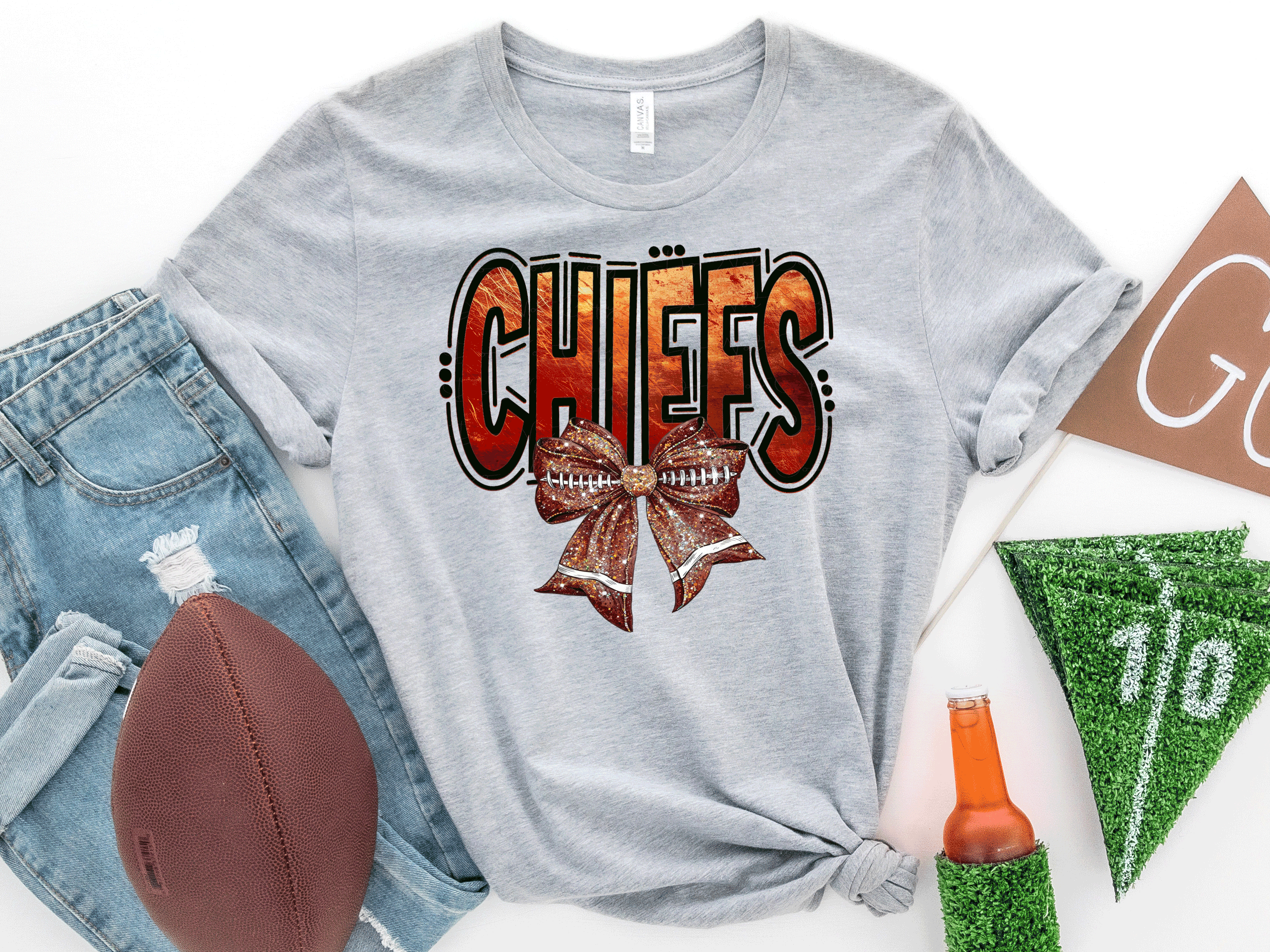 A Blessed Texas Mess Boutique Kansas City Football Metallic shirt, faux glitter football Coquette bow Shirt,… — dtf / graphic shirts category context