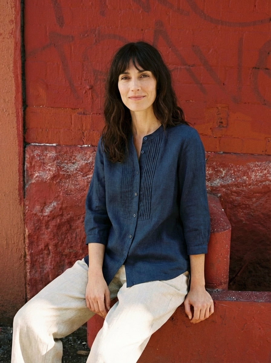 LINTICO 100% Linen Sculpted Accordion Pleat Crew Neck Shirt RANA — lifestyle context