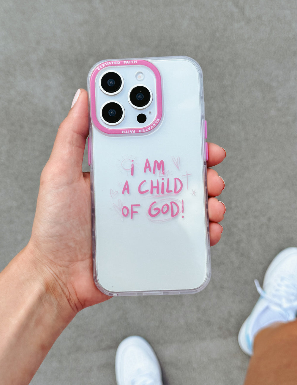 Elevated Faith Child of God Pink Phone Case — detail close-up