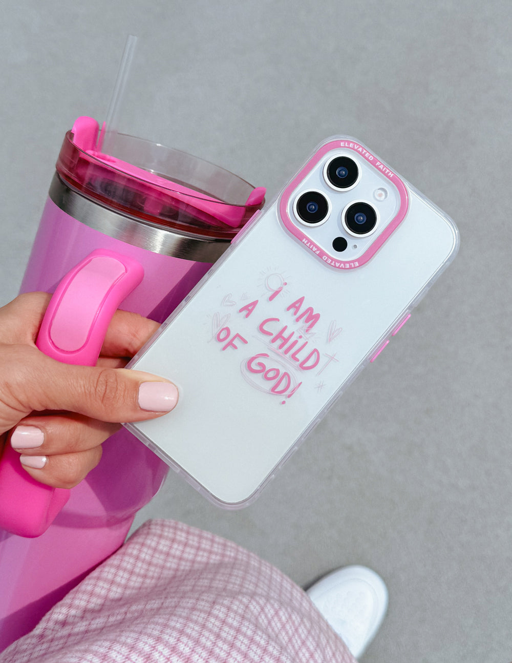 Elevated Faith Child of God Pink Phone Case — lifestyle context