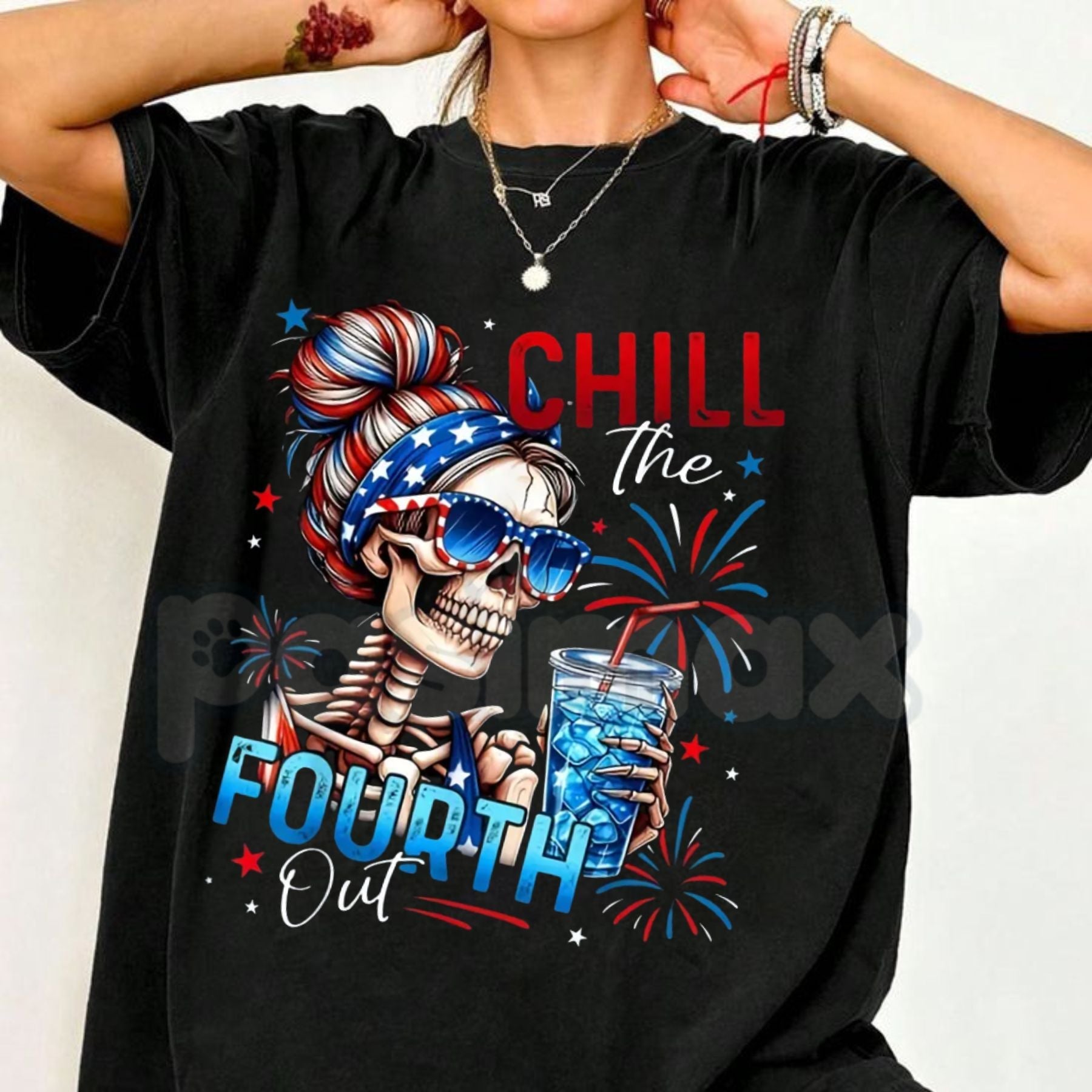 "Chill The Fourth Out" Patriotic Skeleton T-Shirt – 2026 Spring & Summer Men’s Graphic Tee, Premium 100% Cotton 4th of July Top, Soft Lived-In Heavyweight Americana Skeleton Shirt, Made in USA
