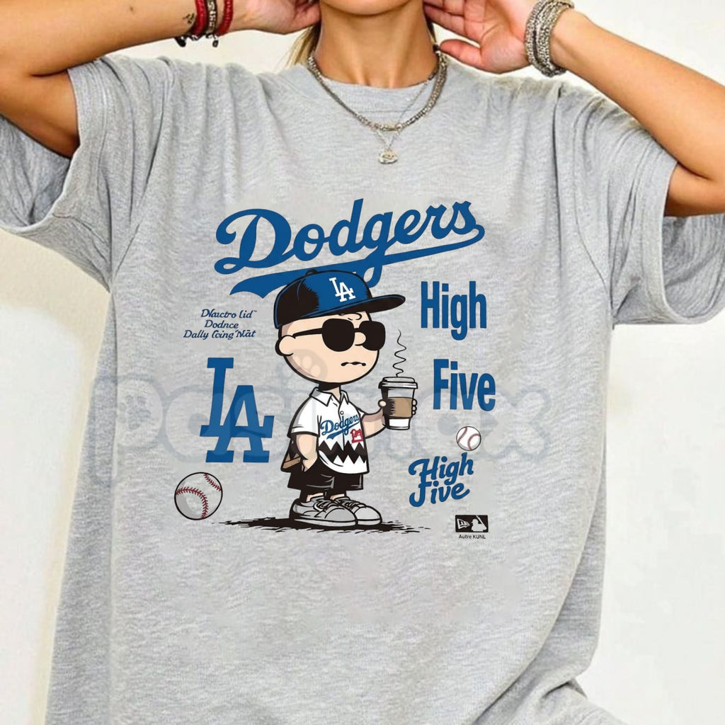 "Chillen’ in LA" Dodgers T-Shirt – Charlie Brown Coffee Graphic Tee, Remastered Heavy Cotton LA Baseball Top, Soft Lived-In Heavyweight Snoopy & Peanuts Fan Shirt, Made in USA