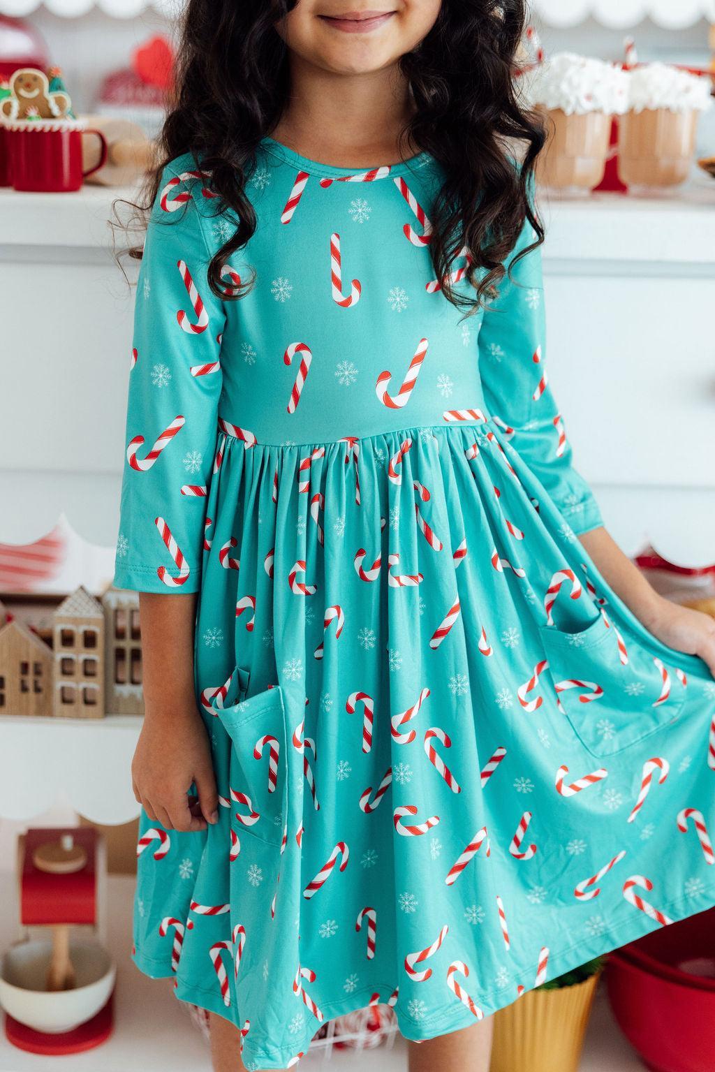 Mila & Rose ® Christmas Candy 3/4 Sleeve Pocket Twirl Dress — main product shot