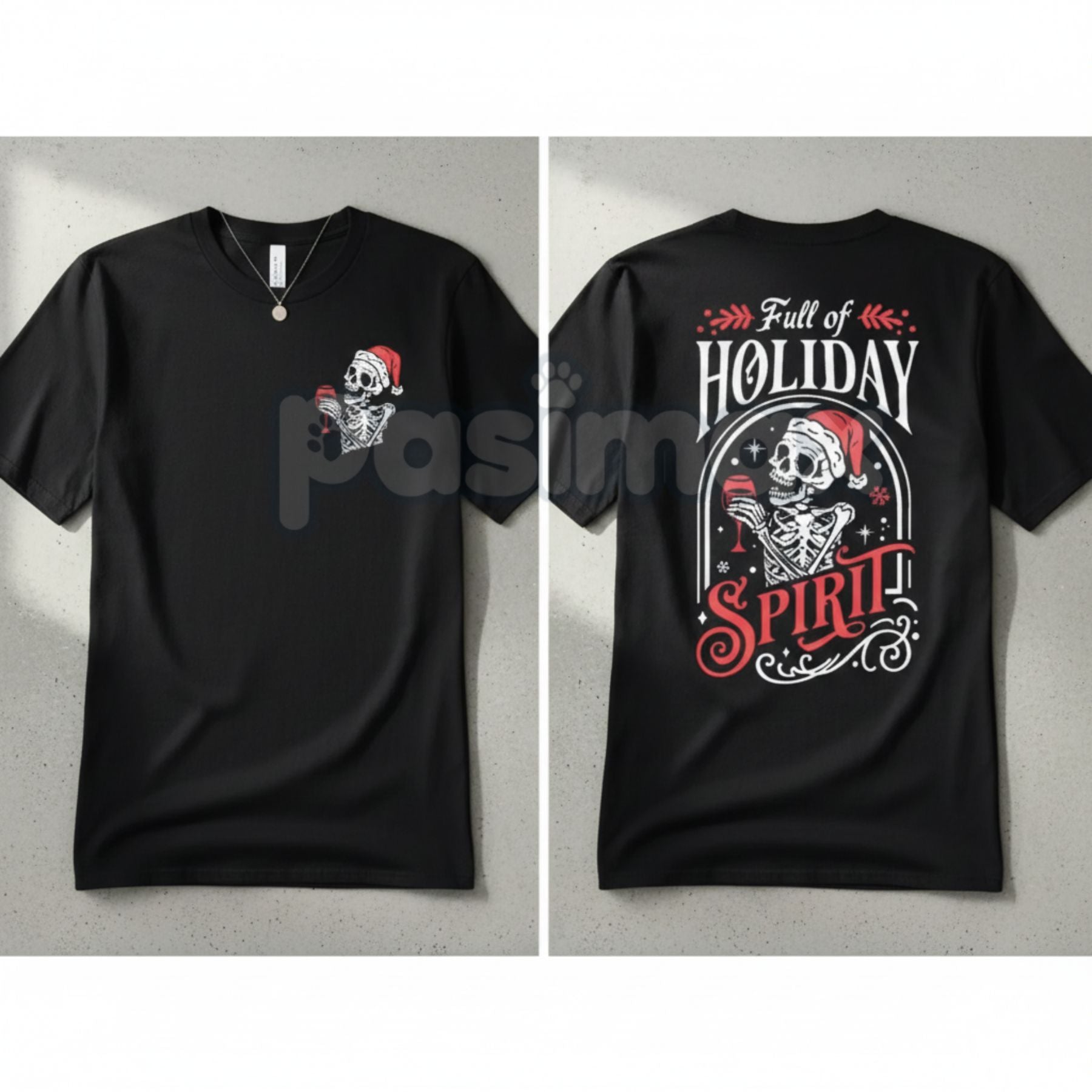 Pasimax Christmas Skeleton T-Shirt - "Full Of Holiday Spirit" Sarcastic Party Tee, Edgy Ugly Christmas Shirt Alternative, Adu
