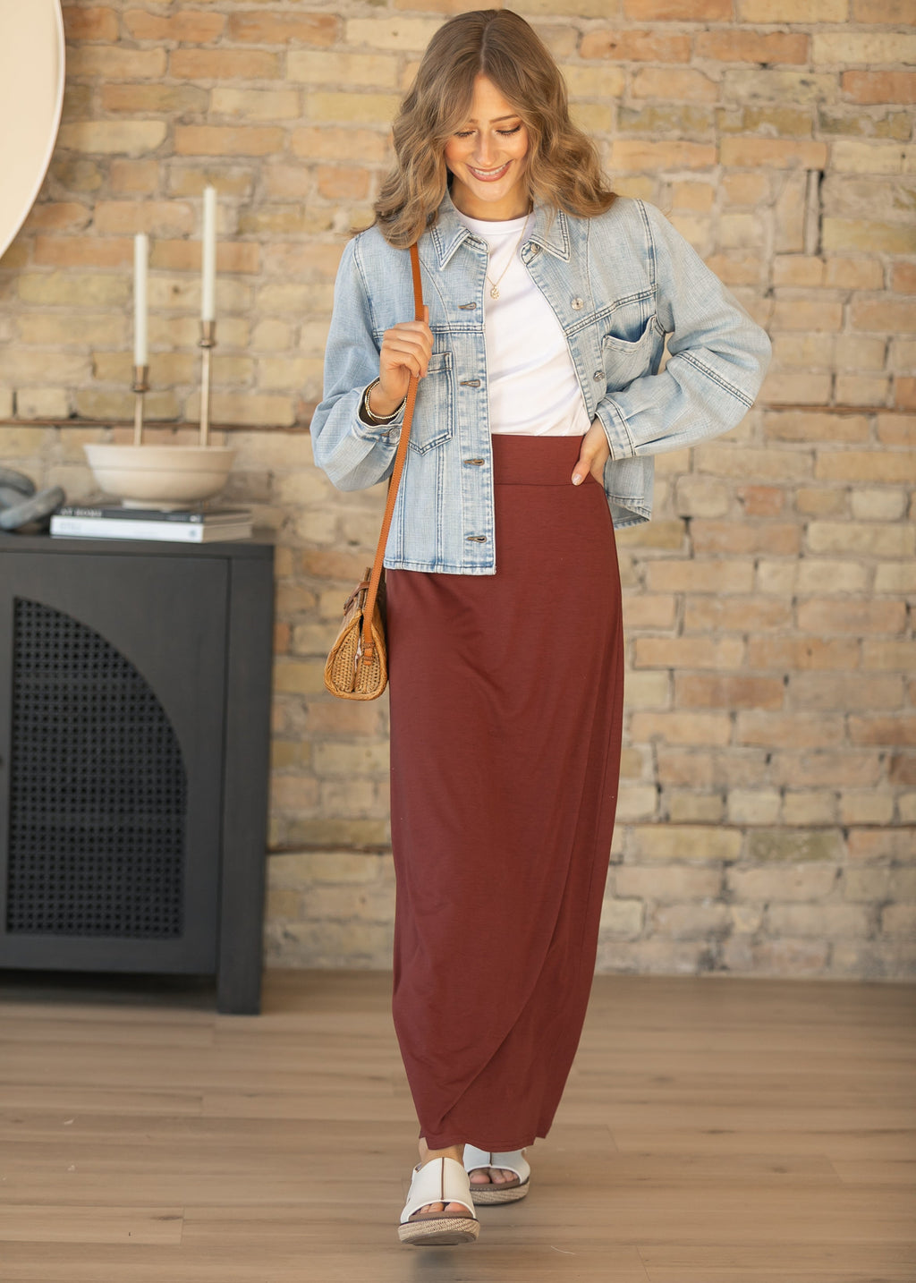 Inherit Co. Clarise Rust Premium Knit Maxi Skirt — detail close-up