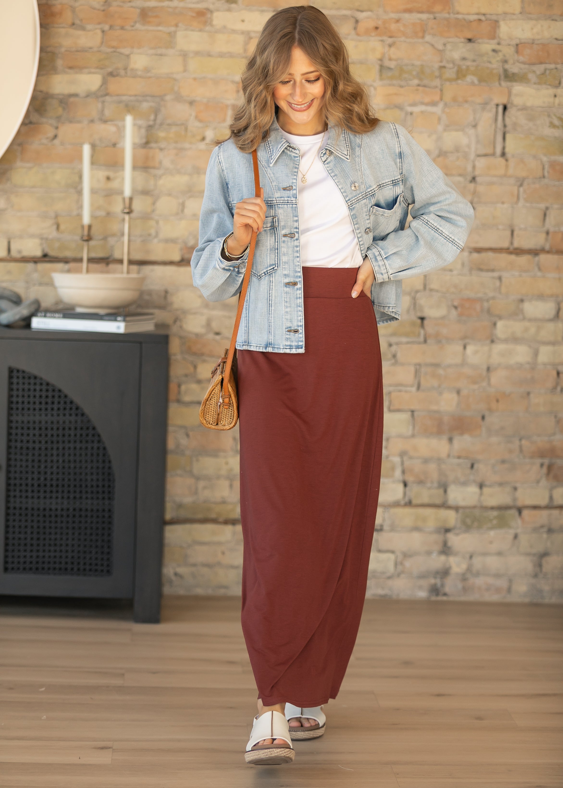 Inherit Co. Clarise Rust Premium Knit Maxi Skirt — detail close-up