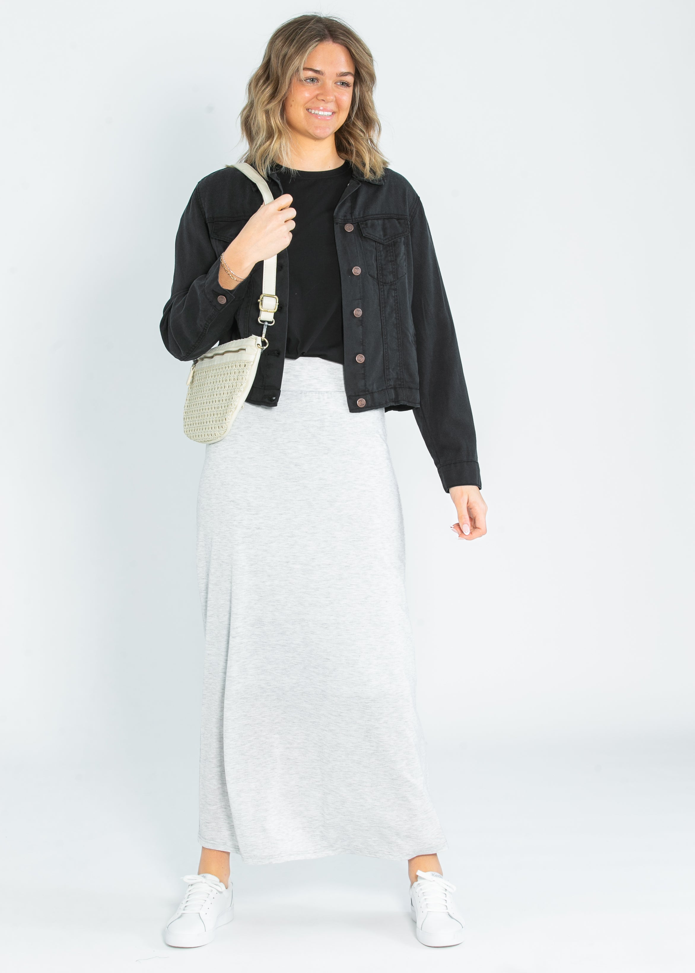 Inherit Co. Clarise Heather Gray Premium Knit Maxi Skirt — fabric or material detail
