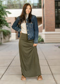 Inherit Co. Clarise Olive Premium Knit Maxi Skirt — in-use photo
