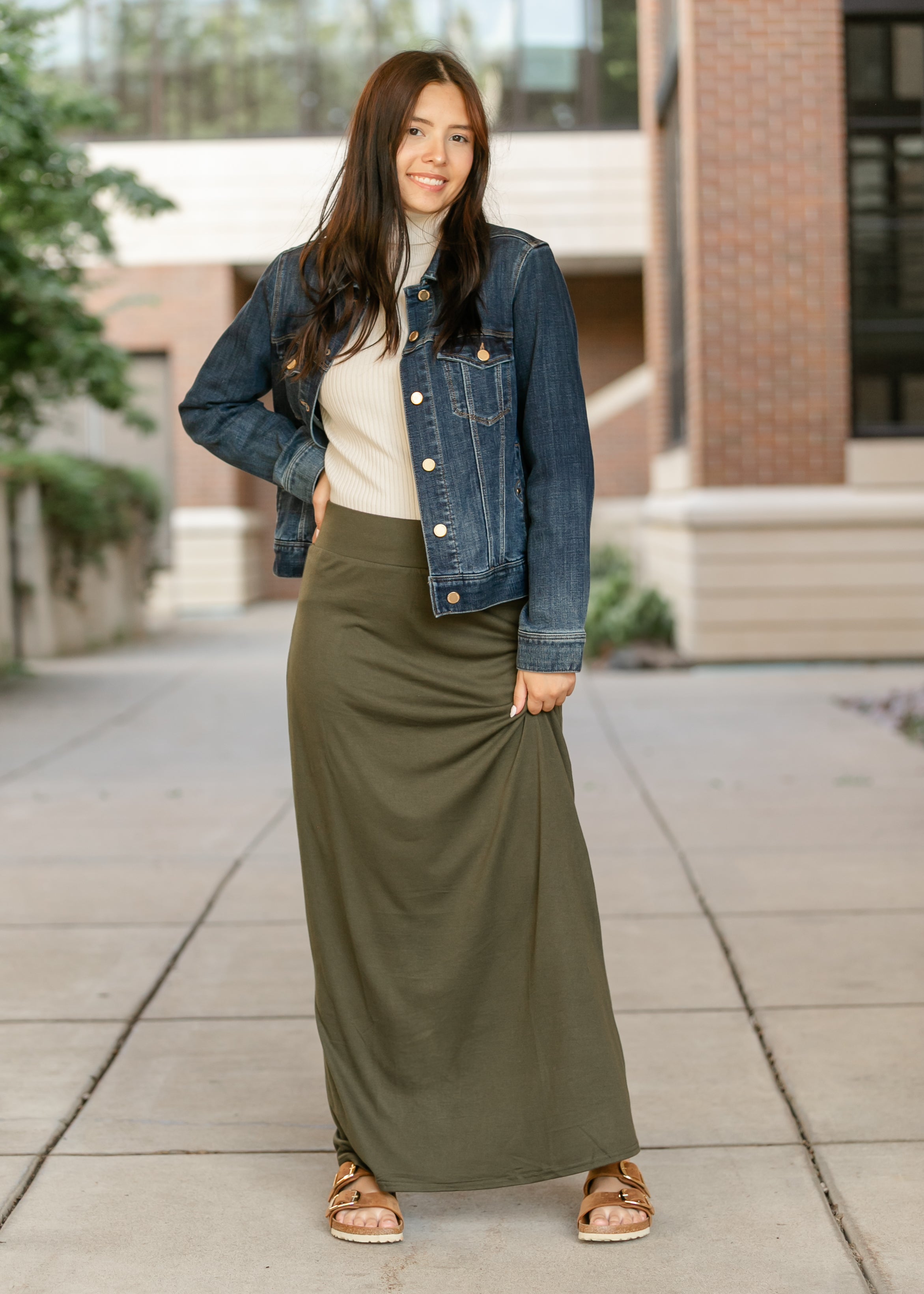 Inherit Co. Clarise Olive Premium Knit Maxi Skirt — in-use photo