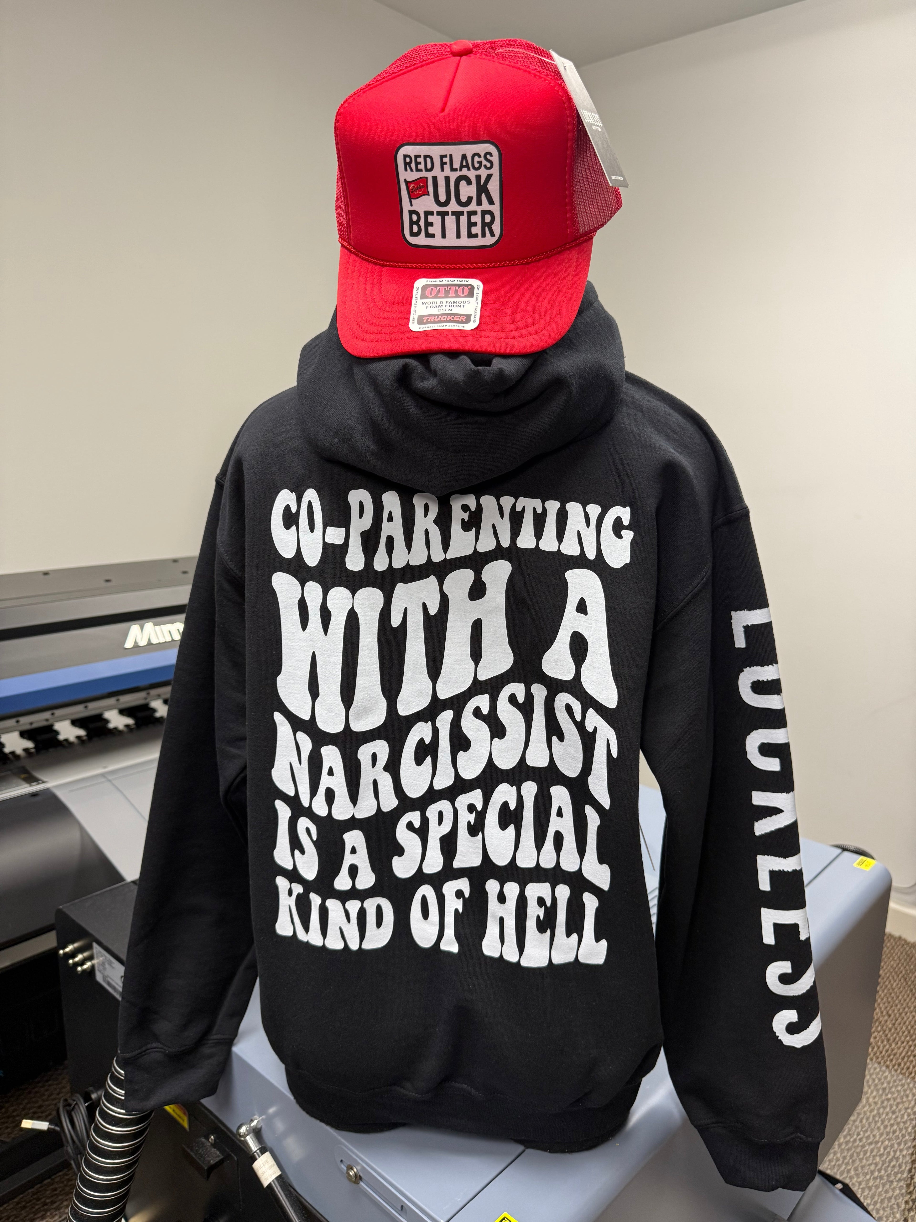 Luckless Outfitters Co-Parenting With A Narcissist Hoodie — detail close-up