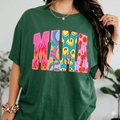 Color Block "MAMA" Graphic Tee – Trendy Retro Typography T-Shirt, Remastered Heavy Cotton Boho Mom Top, Soft Lived-In Relaxed Fit Casual Apparel, Made in USA