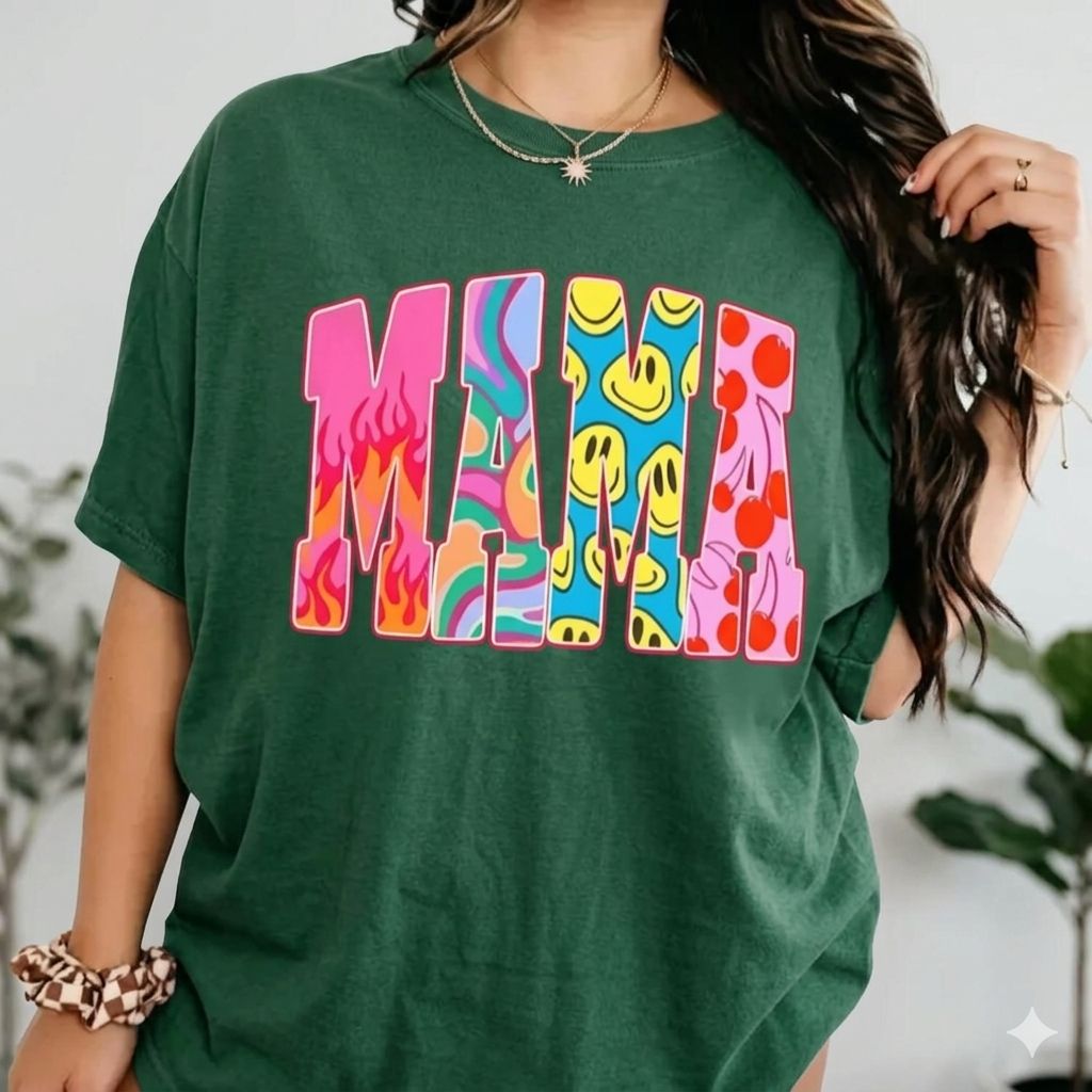 Color Block "MAMA" Graphic Tee – Trendy Retro Typography T-Shirt, Remastered Heavy Cotton Boho Mom Top, Soft Lived-In Relaxed Fit Casual Apparel, Made in USA