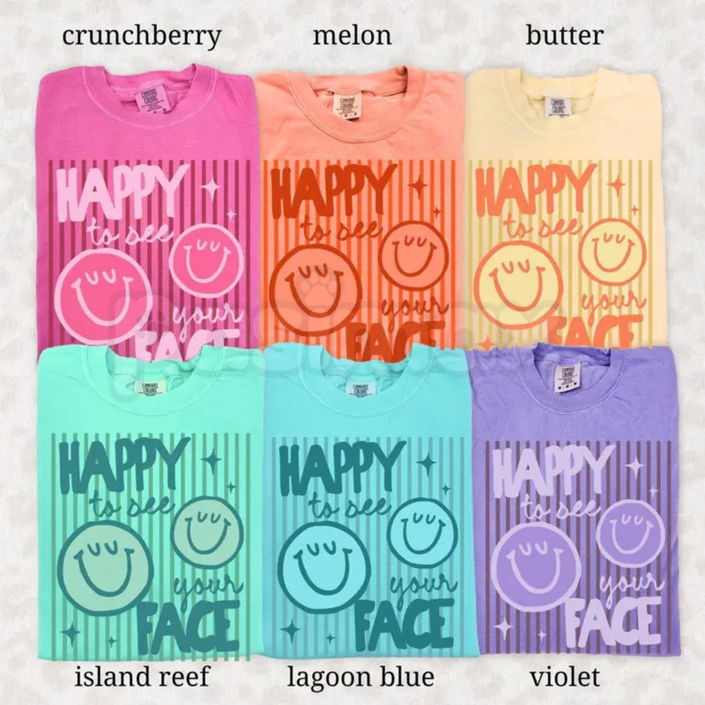 Comfort Colors® "Happy To See Your Face" Teacher T-Shirt – Retro Aesthetic Back to School Graphic Tee, Cute Retro Smiley Classroom Gift Top