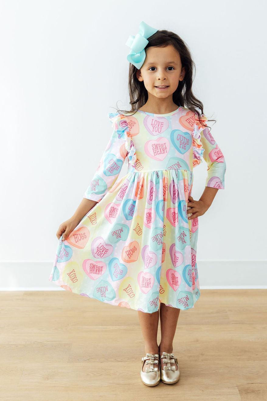 Mila & Rose ® Conversation Hearts 3/4 Sleeve Ruffle Twirl Dress — detail close-up