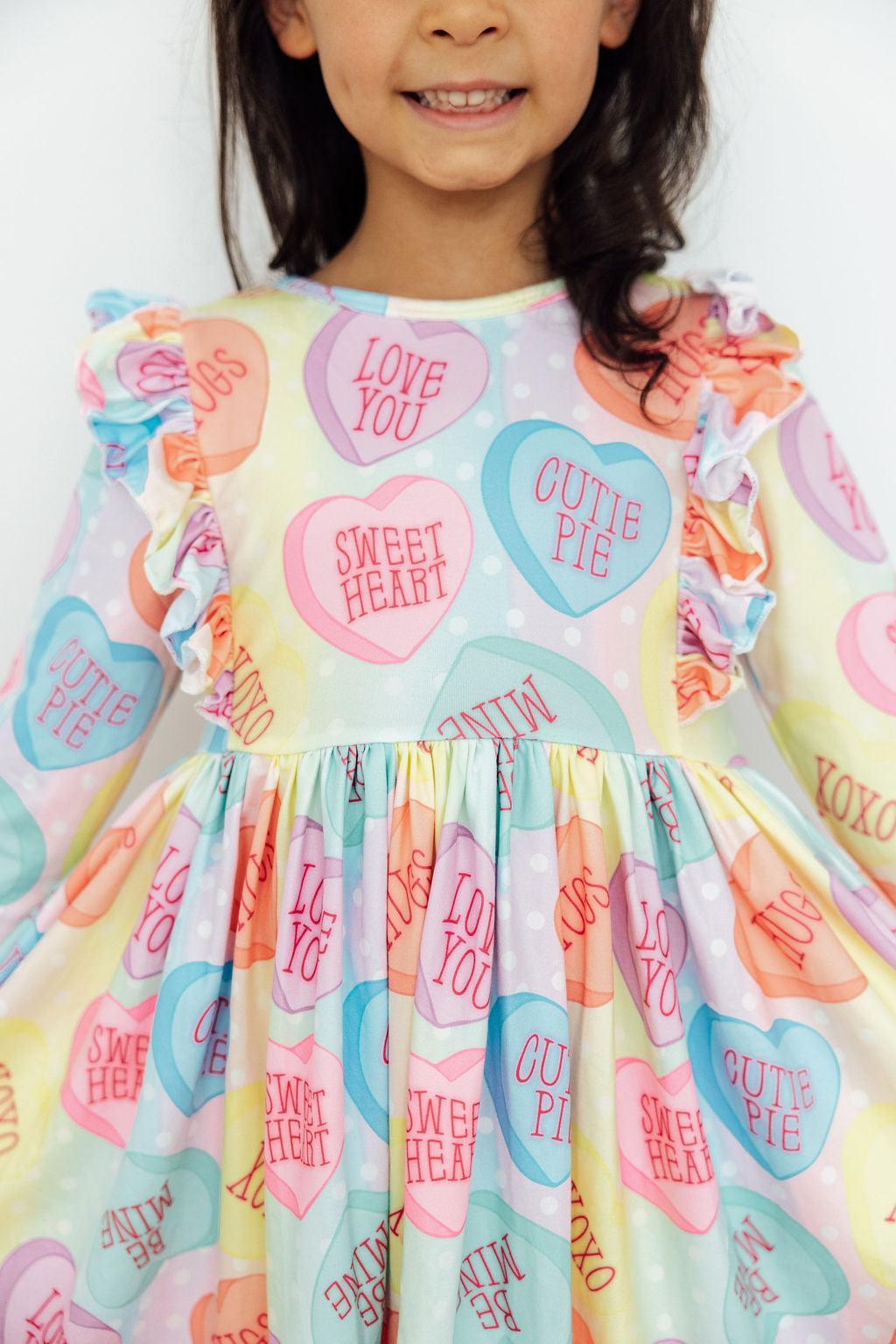 Mila & Rose ® Conversation Hearts 3/4 Sleeve Ruffle Twirl Dress — main product shot