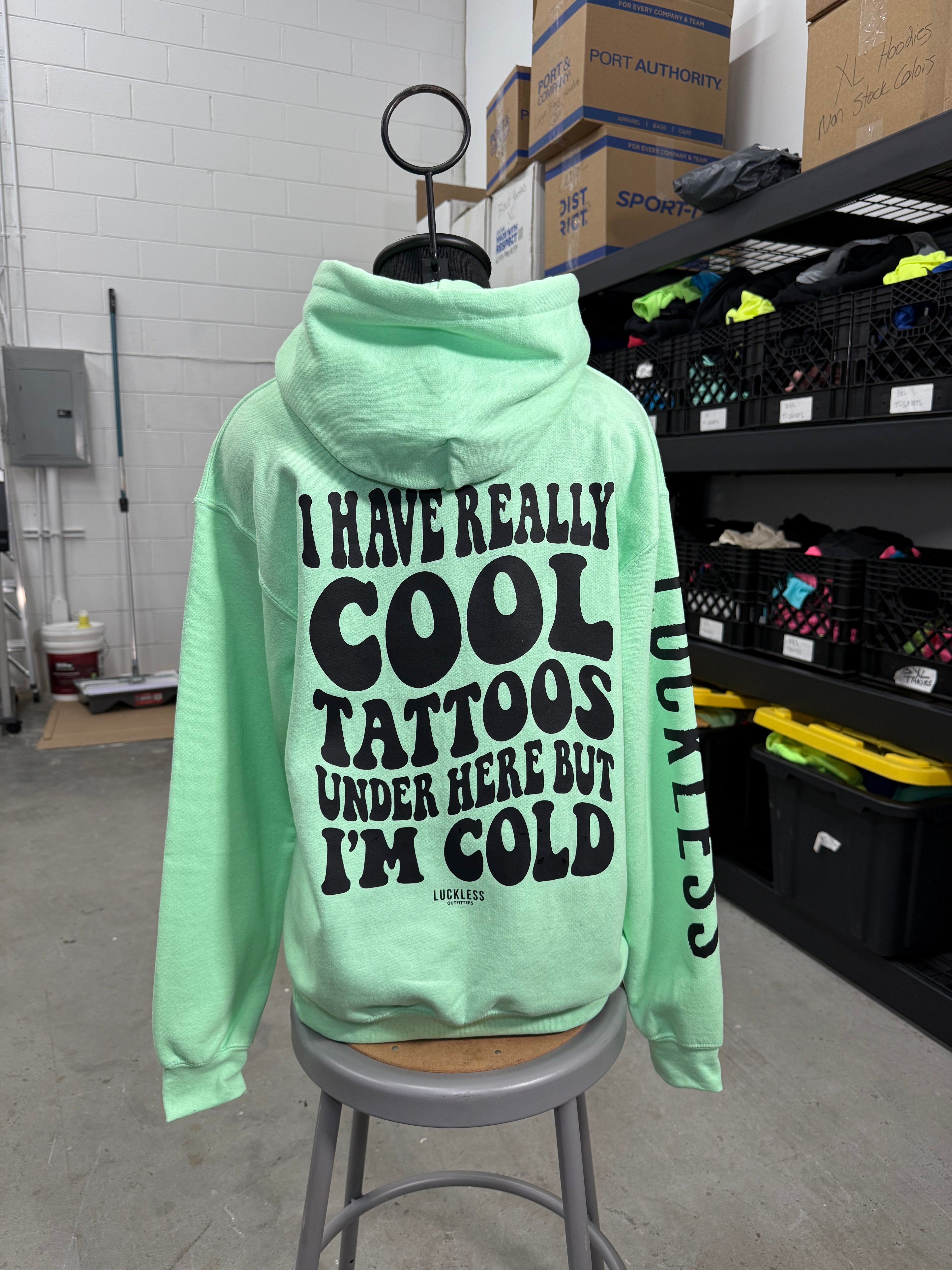 Luckless Outfitters Cool Tattoos Hoodie | Black - Mint - Pink — comparison shot
