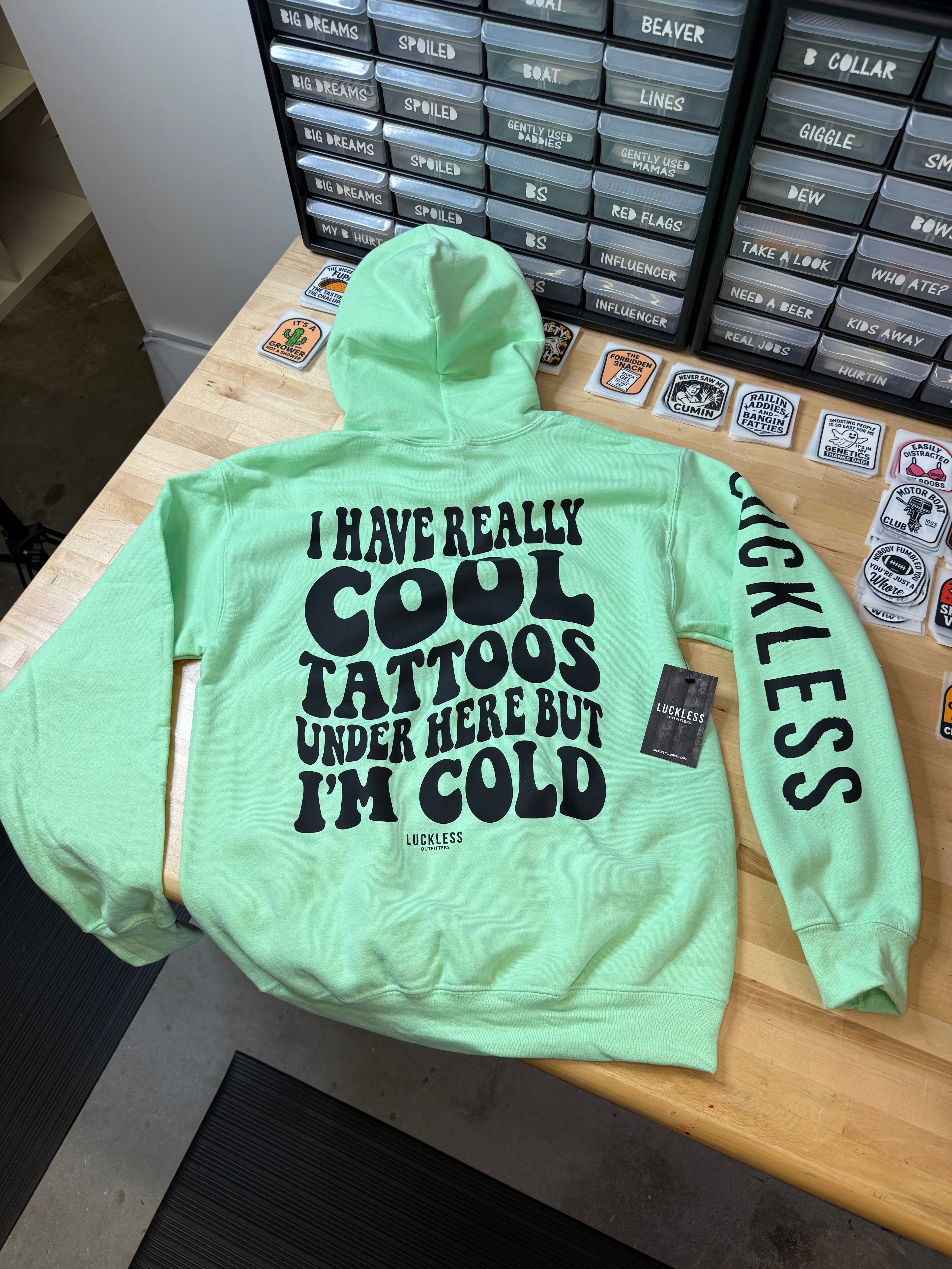 Luckless Outfitters Cool Tattoos Hoodie | Black - Mint - Pink — fabric or material detail