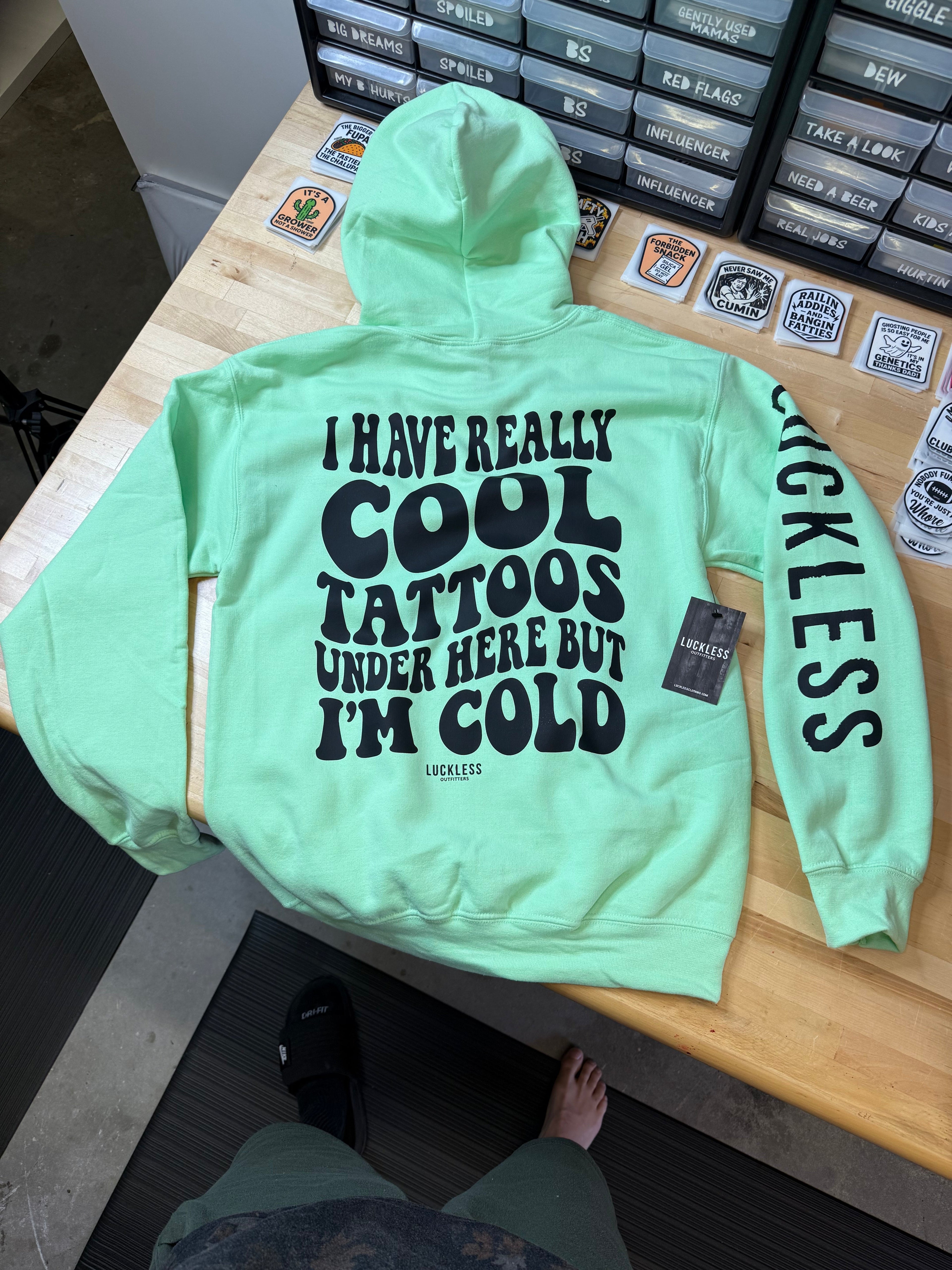 Luckless Outfitters Cool Tattoos Hoodie | Black - Mint - Pink — product on model