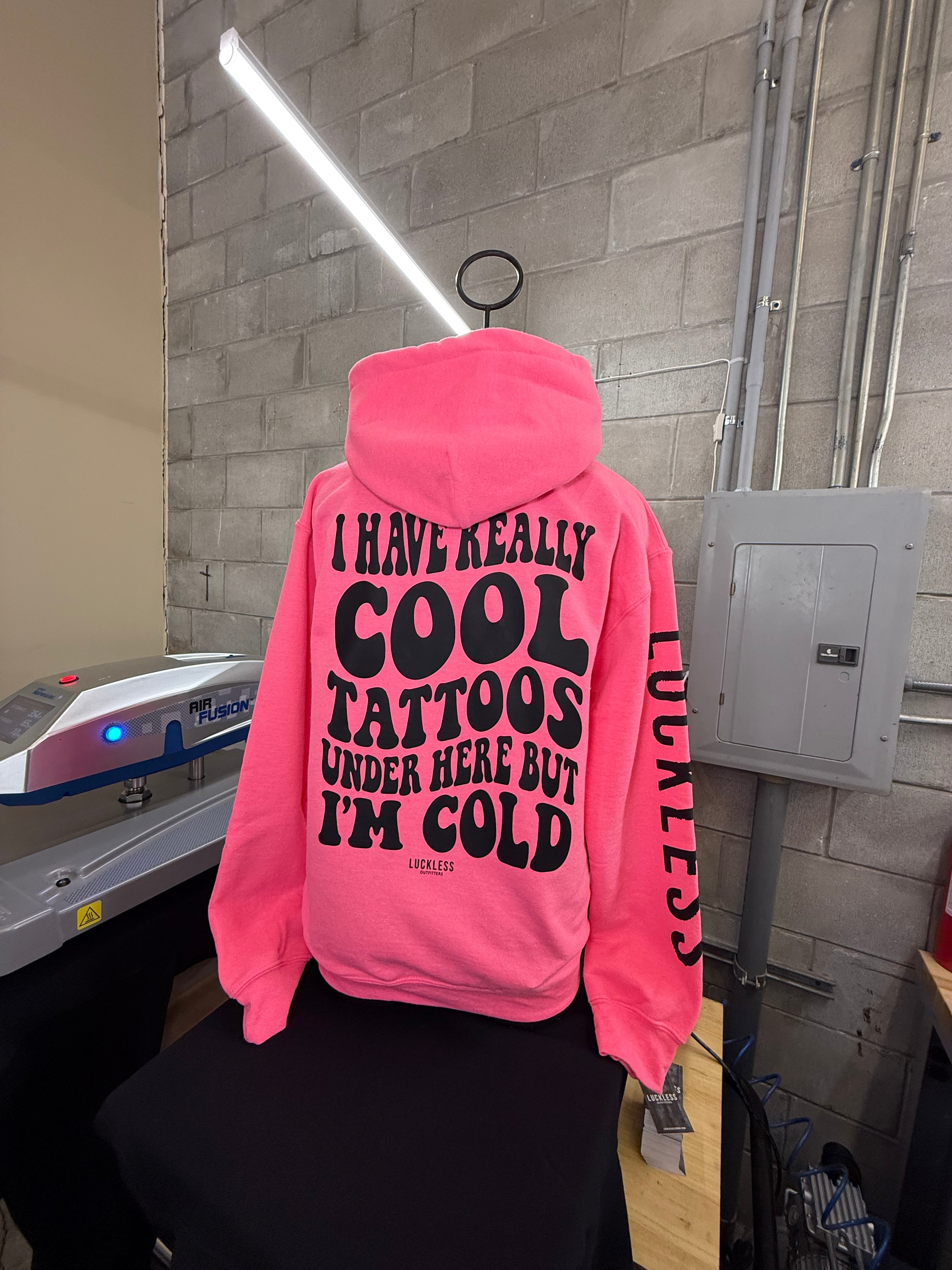 Luckless Outfitters Cool Tattoos Hoodie | Black - Mint - Pink — flat-lay composition