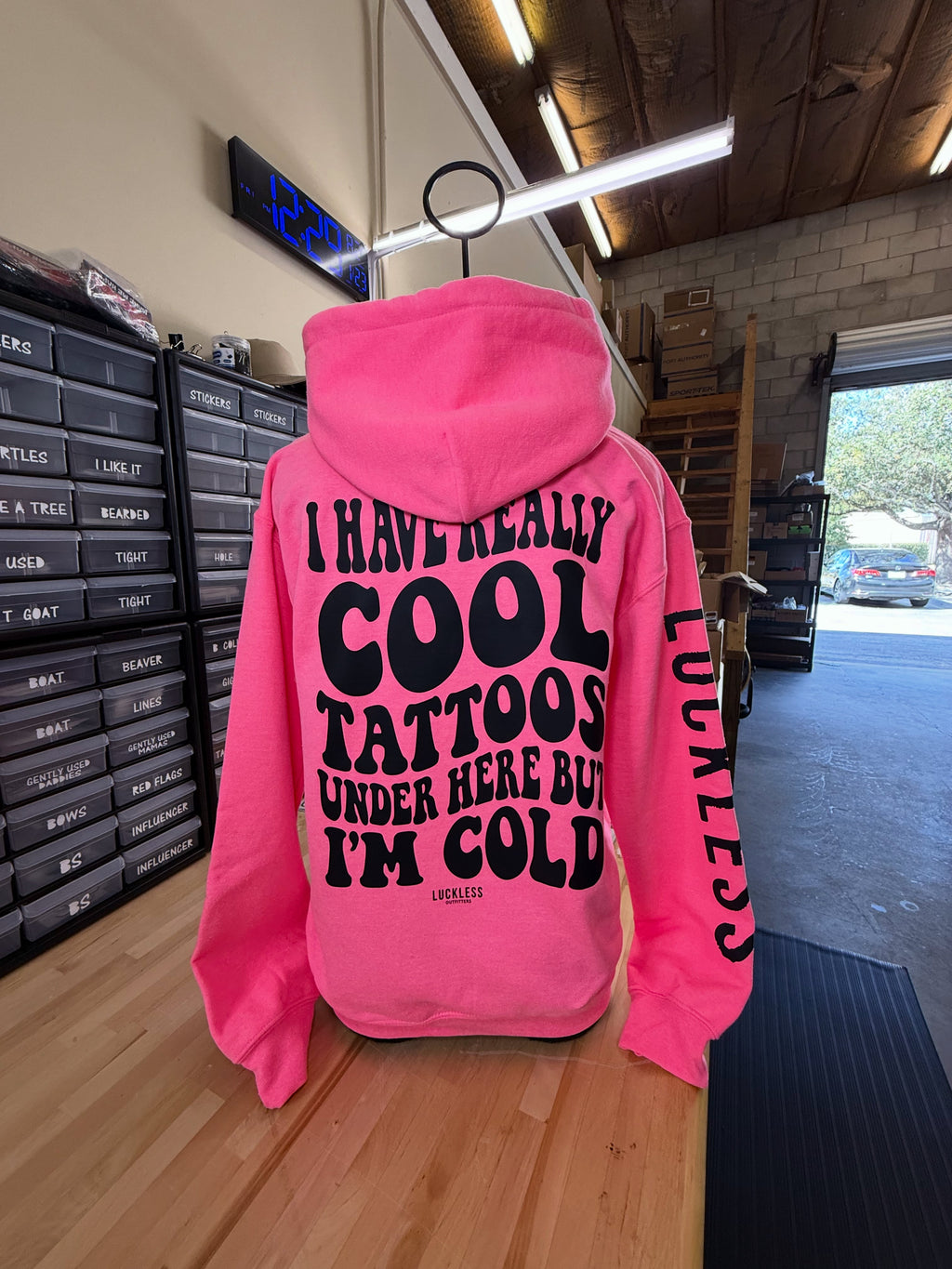 Luckless Outfitters Cool Tattoos Hoodie | Black - Mint - Pink — detail close-up