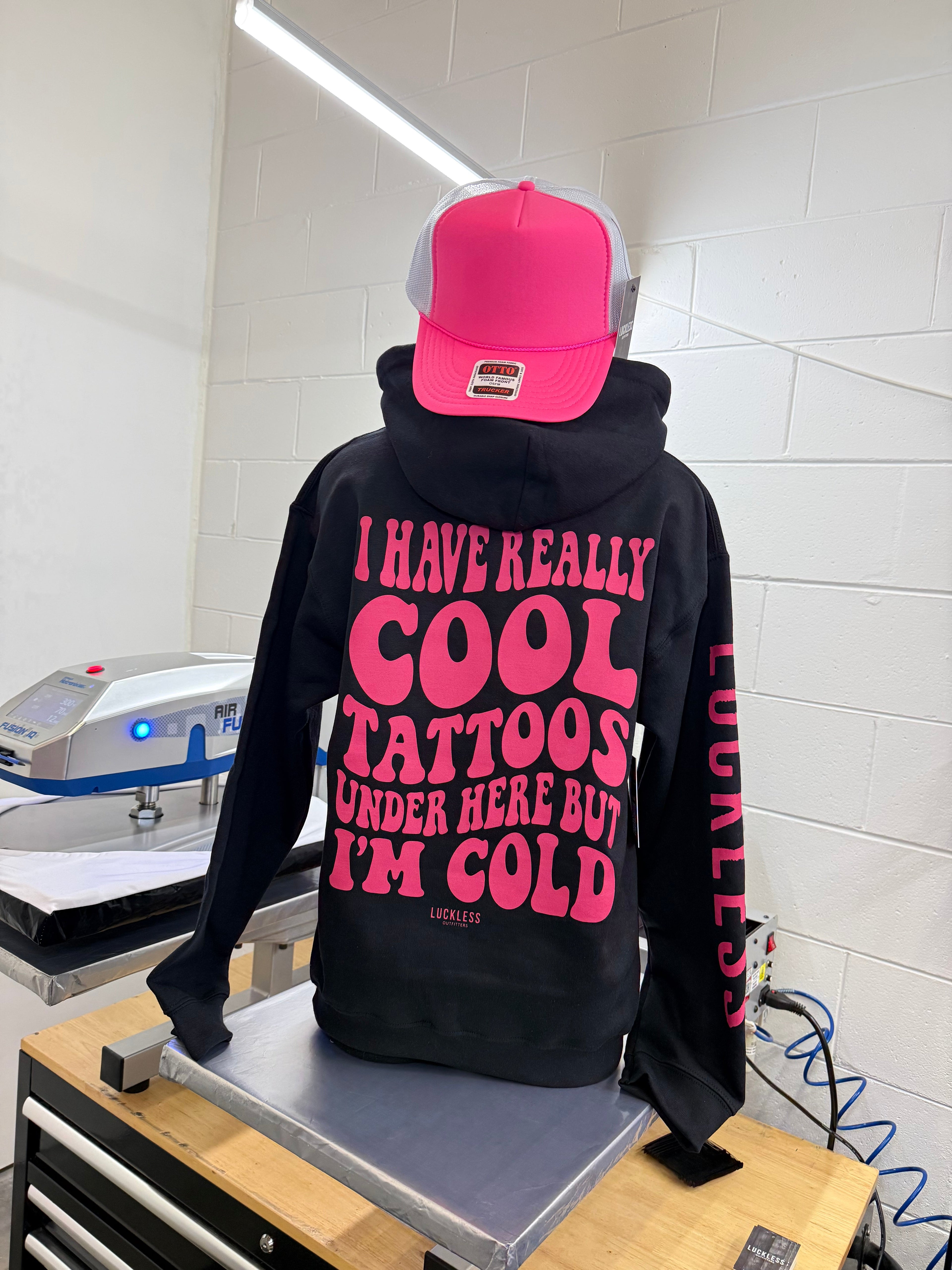 Luckless Outfitters Cool Tattoos Hoodie | Black - Mint - Pink — side view