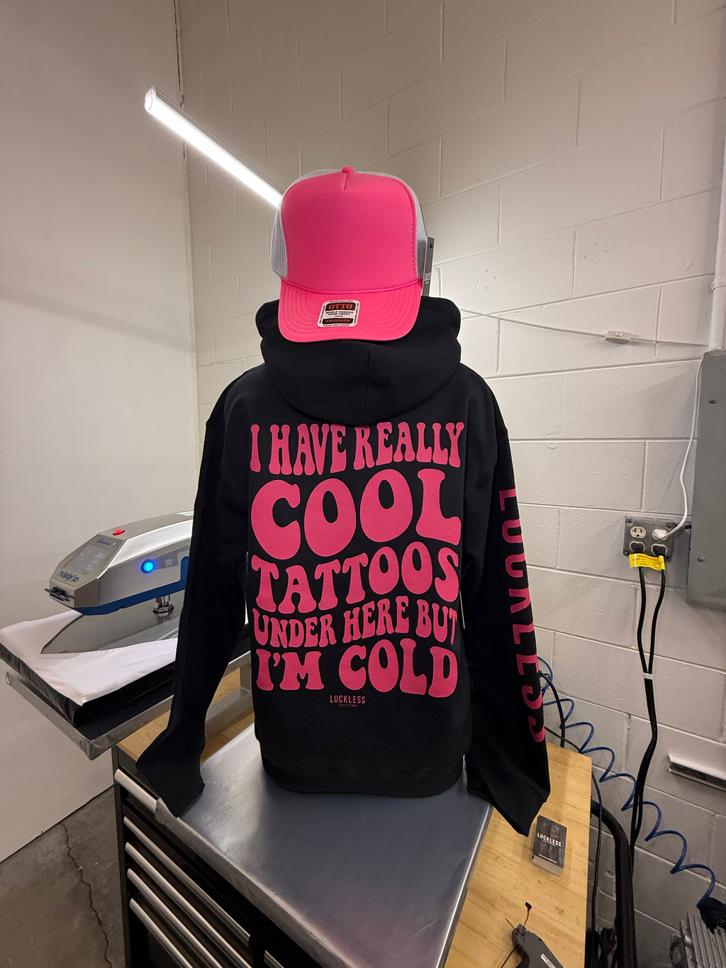 Luckless Outfitters Cool Tattoos Hoodie | Black - Mint - Pink — back view