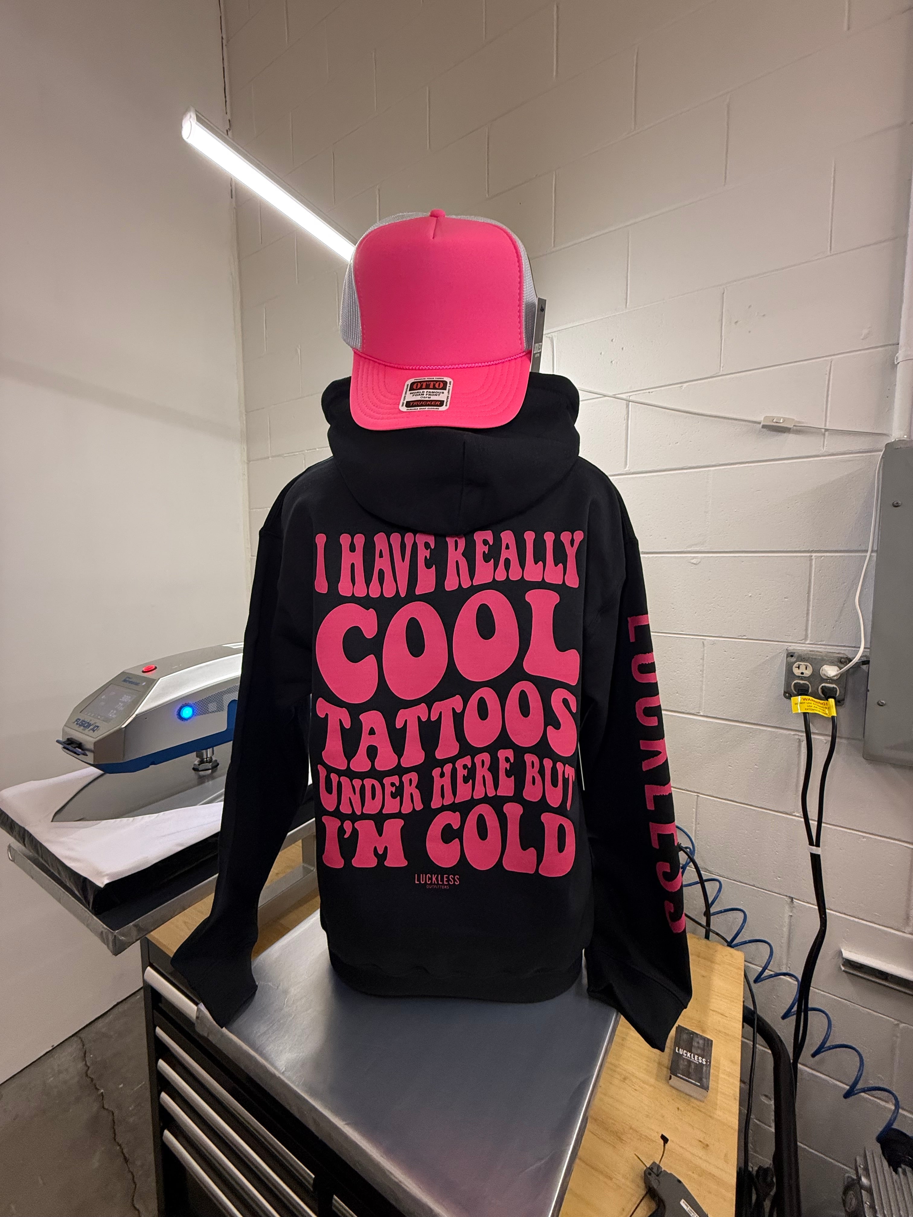 Luckless Outfitters Cool Tattoos Hoodie | Black - Mint - Pink — back view