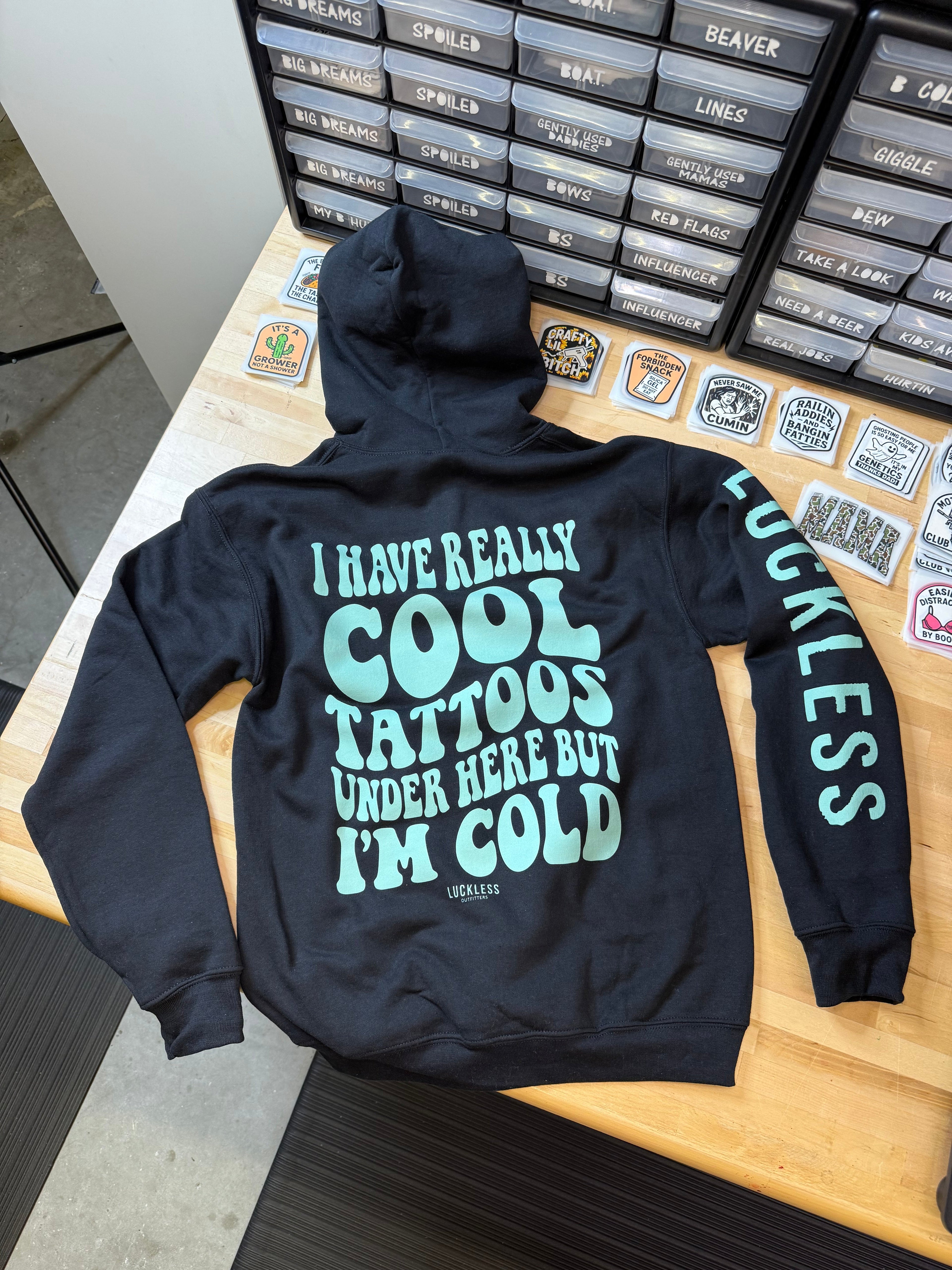 Luckless Outfitters Cool Tattoos Hoodie | Black - Mint - Pink — packaging