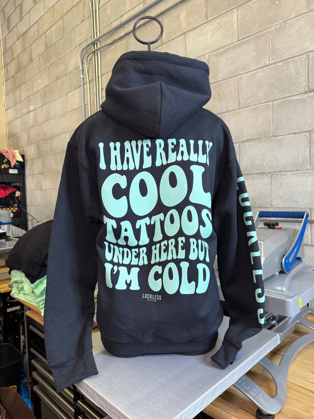 Luckless Outfitters Cool Tattoos Hoodie | Black - Mint - Pink — comparison shot