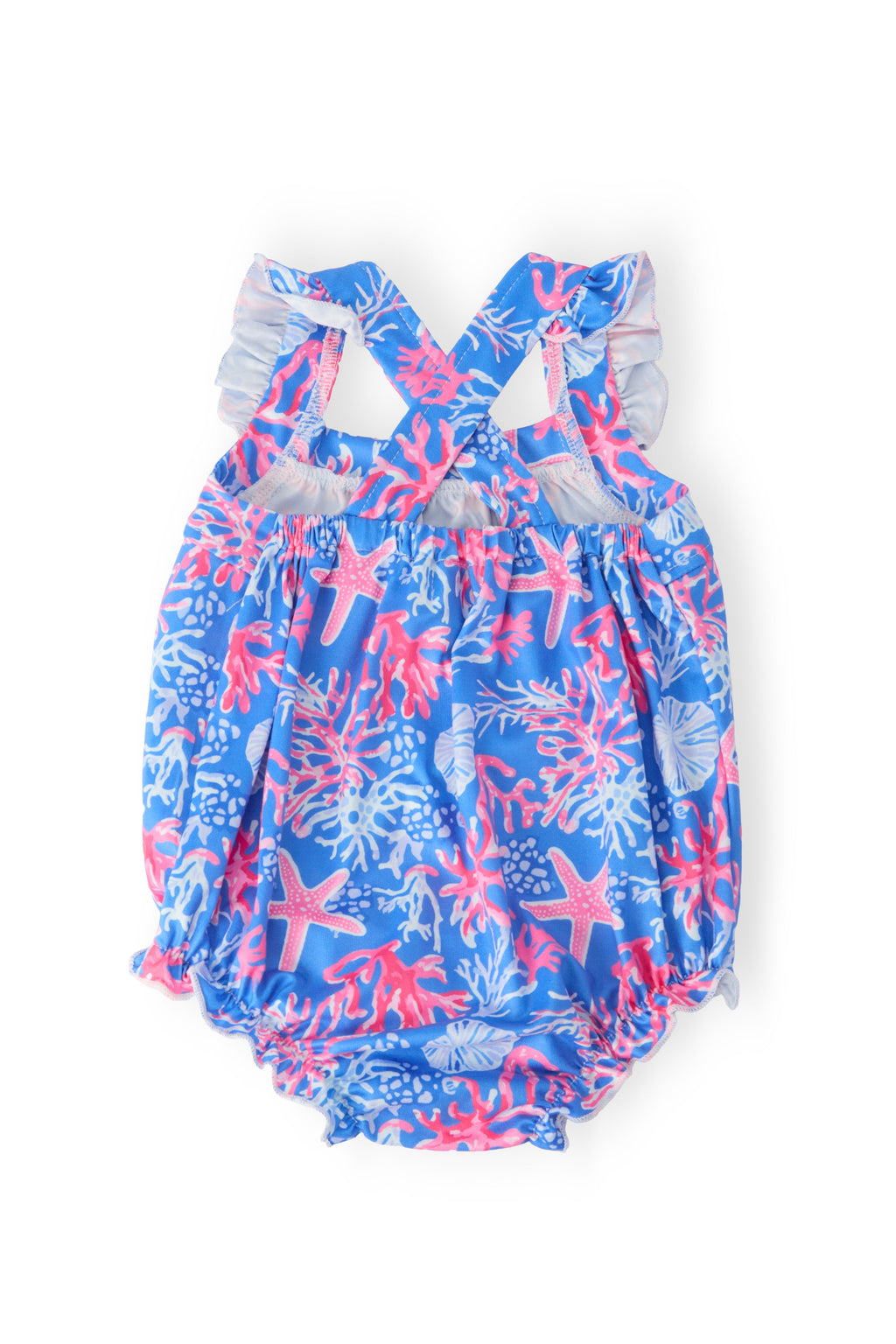 Mila & Rose ® Coral Cove Ruffle Cross Back Romper — detail close-up