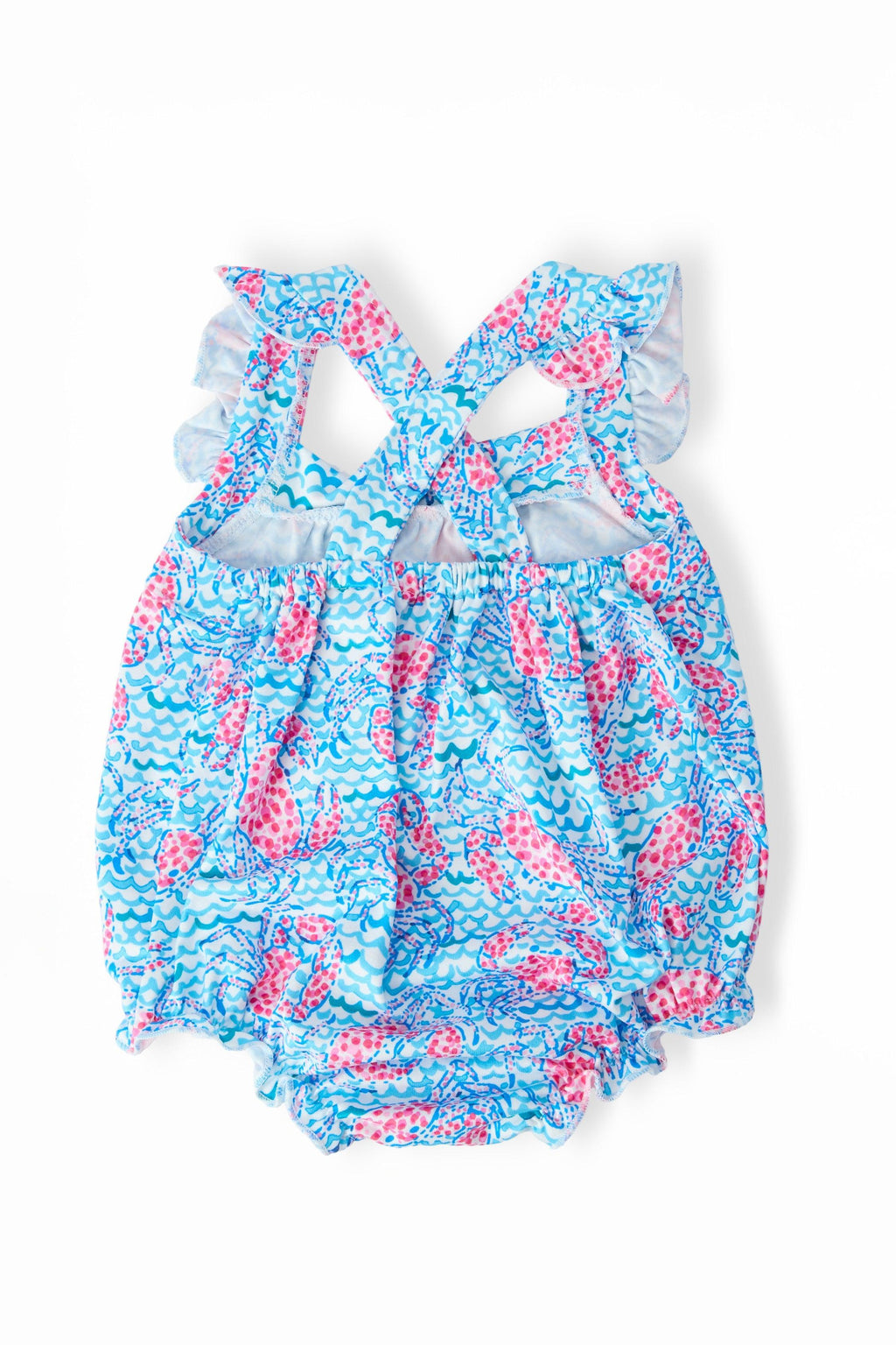 Mila & Rose ® Crab Walk Ruffle Cross Back Romper — detail close-up