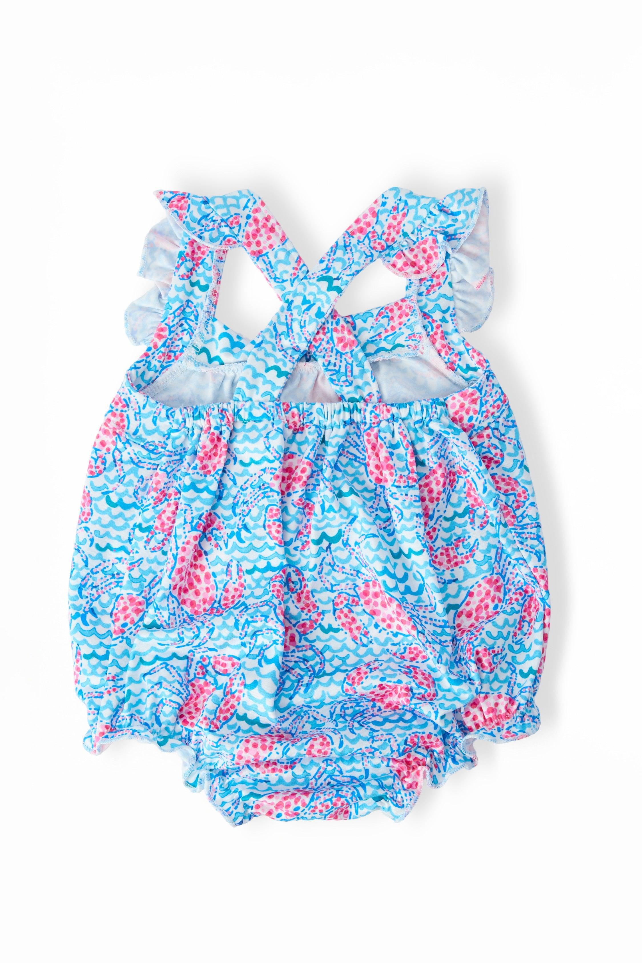 Mila & Rose ® Crab Walk Ruffle Cross Back Romper — detail close-up