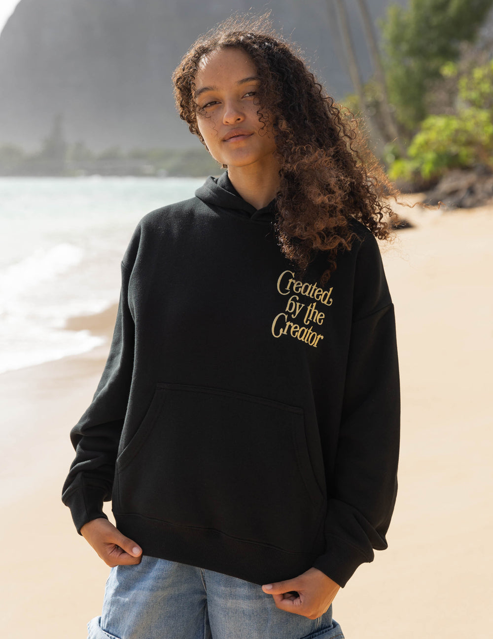 Elevated Faith Created by the Creator Unisex Hoodie — Elevated Faith branding close-up