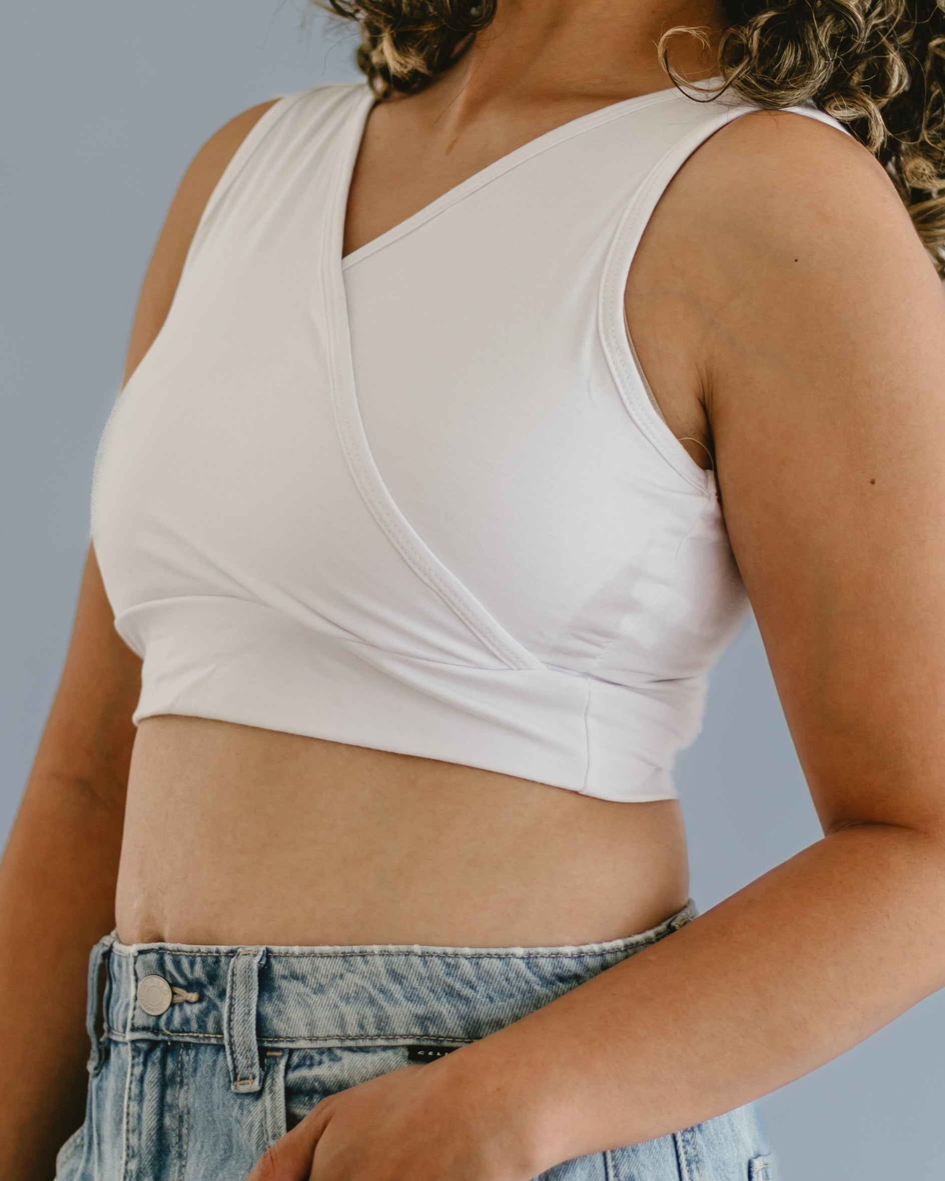 HALFTEE Layering Fashions Crossover Tank ( with pockets for insertable cups) — HALFTEE Layering Fashions branding close-up