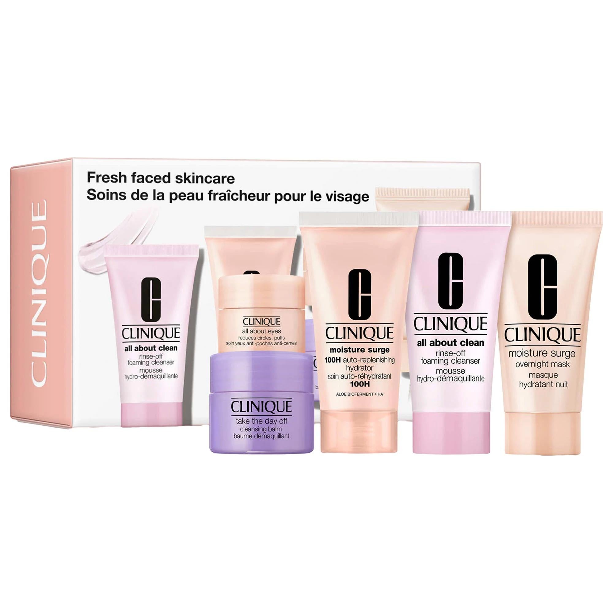 Clinique Exclusive Fresh Faced Skincare Set: Hydrating Moisture Surge, Cleansing Balm & Eye Cream - Paraben & Phthalate Free